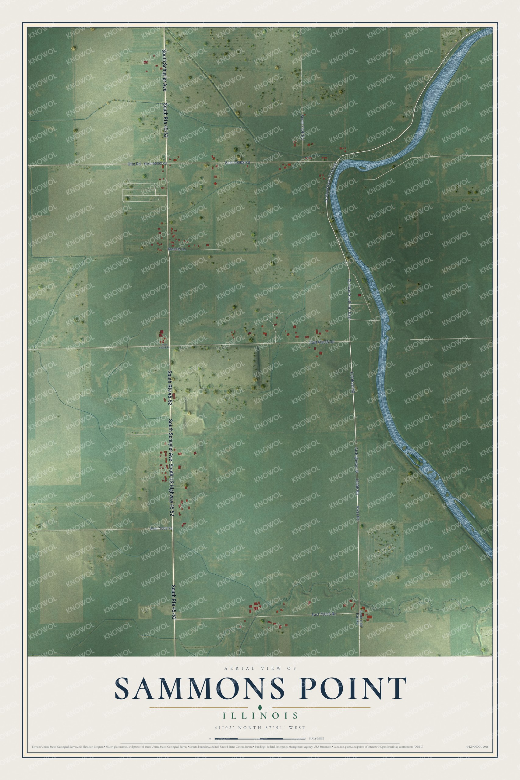 Full map of Sammons Point, Illinois, with red buildings, printed street names and the land around them