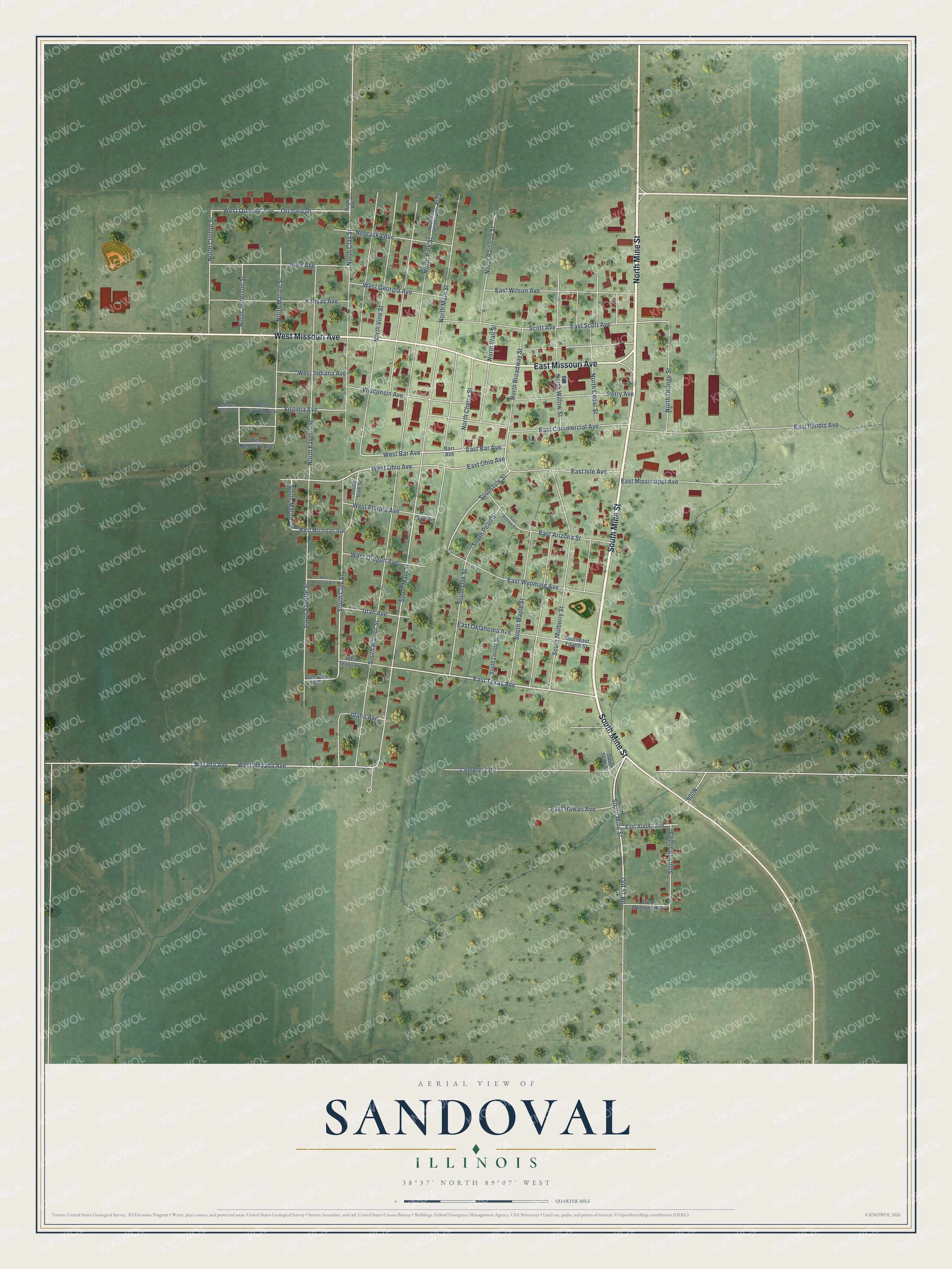 Full map of Sandoval, Illinois, with red buildings, printed street names and the land around them