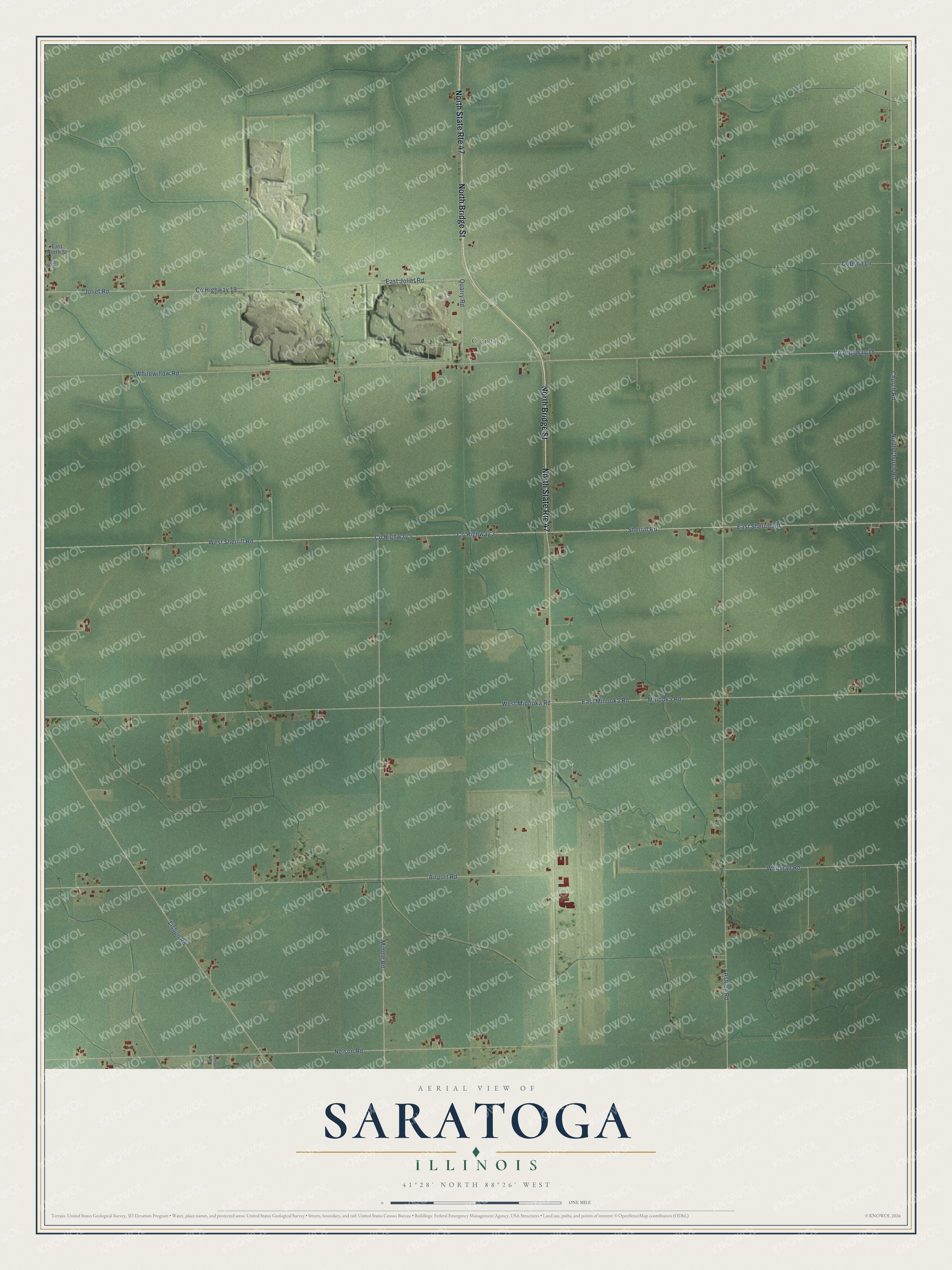 Full map of Saratoga, Illinois, with red buildings, printed street names and the land around them