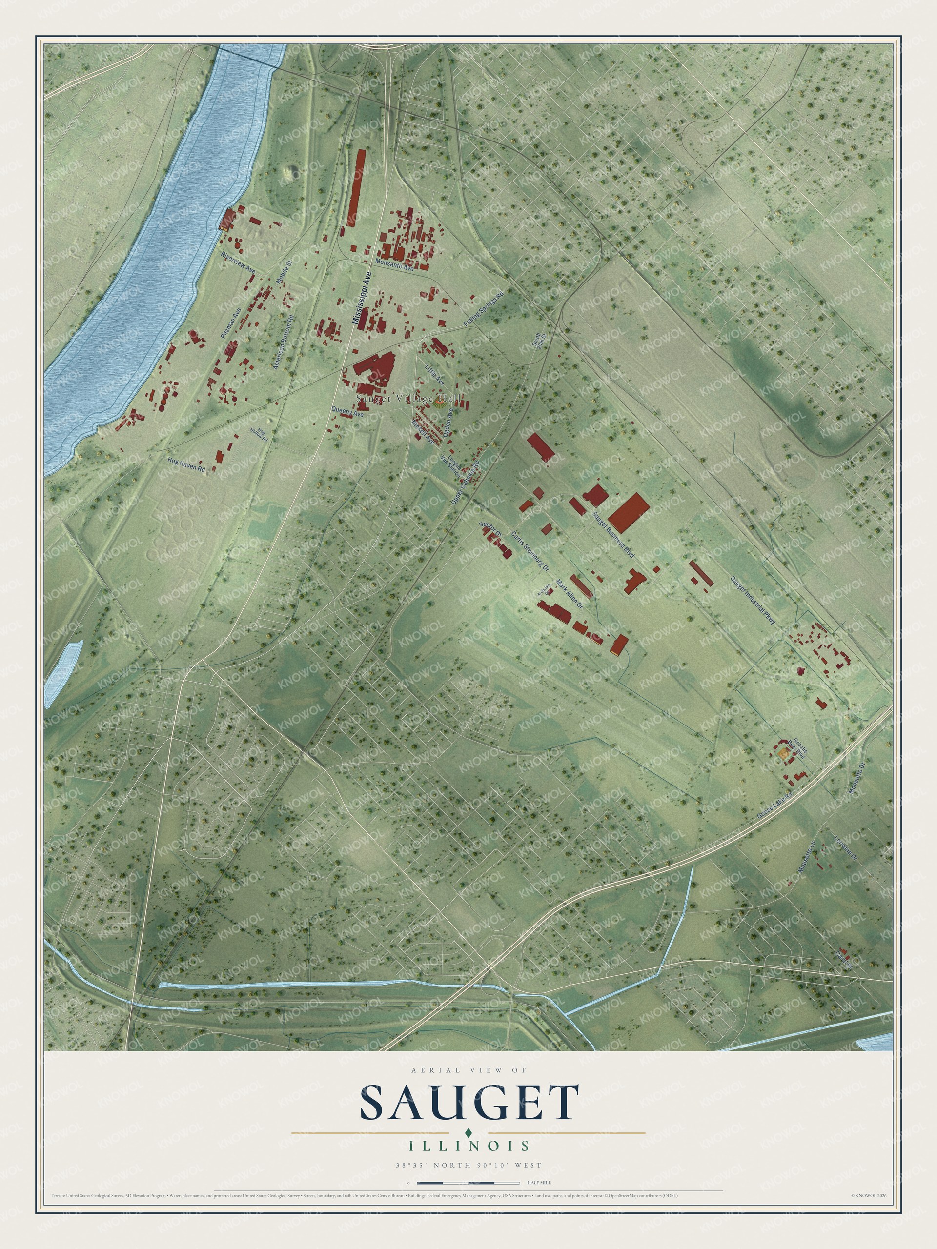 Full map of Sauget, Illinois, with red buildings, printed street names and the land around them