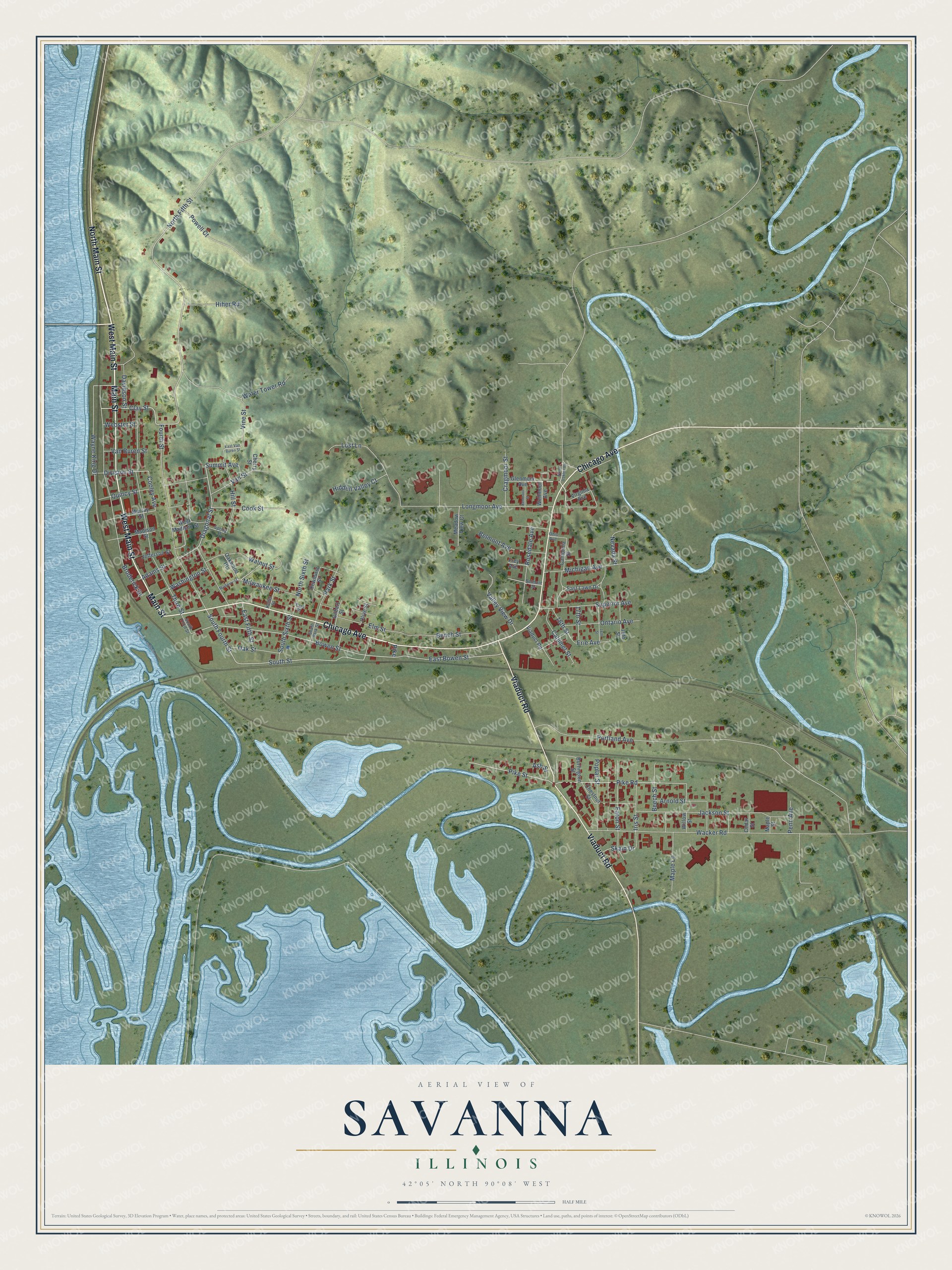 Full map of Savanna, Illinois, with red buildings, printed street names and the land around them