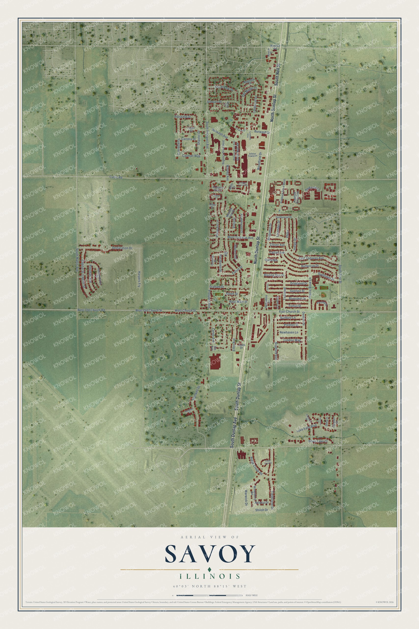 Full map of Savoy, Illinois, with red buildings, printed street names and the land around them