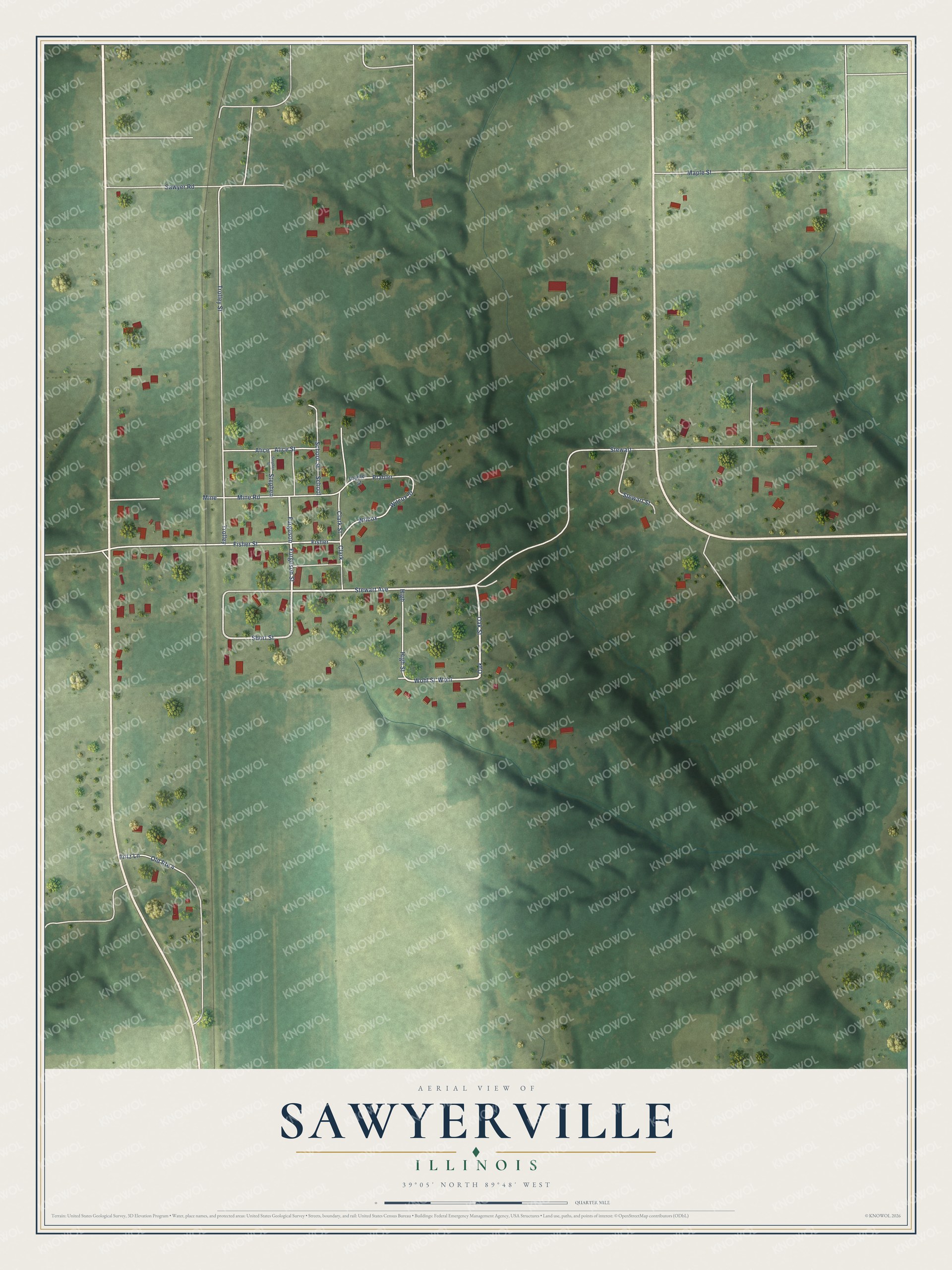 Full map of Sawyerville, Illinois, with red buildings, printed street names and the land around them