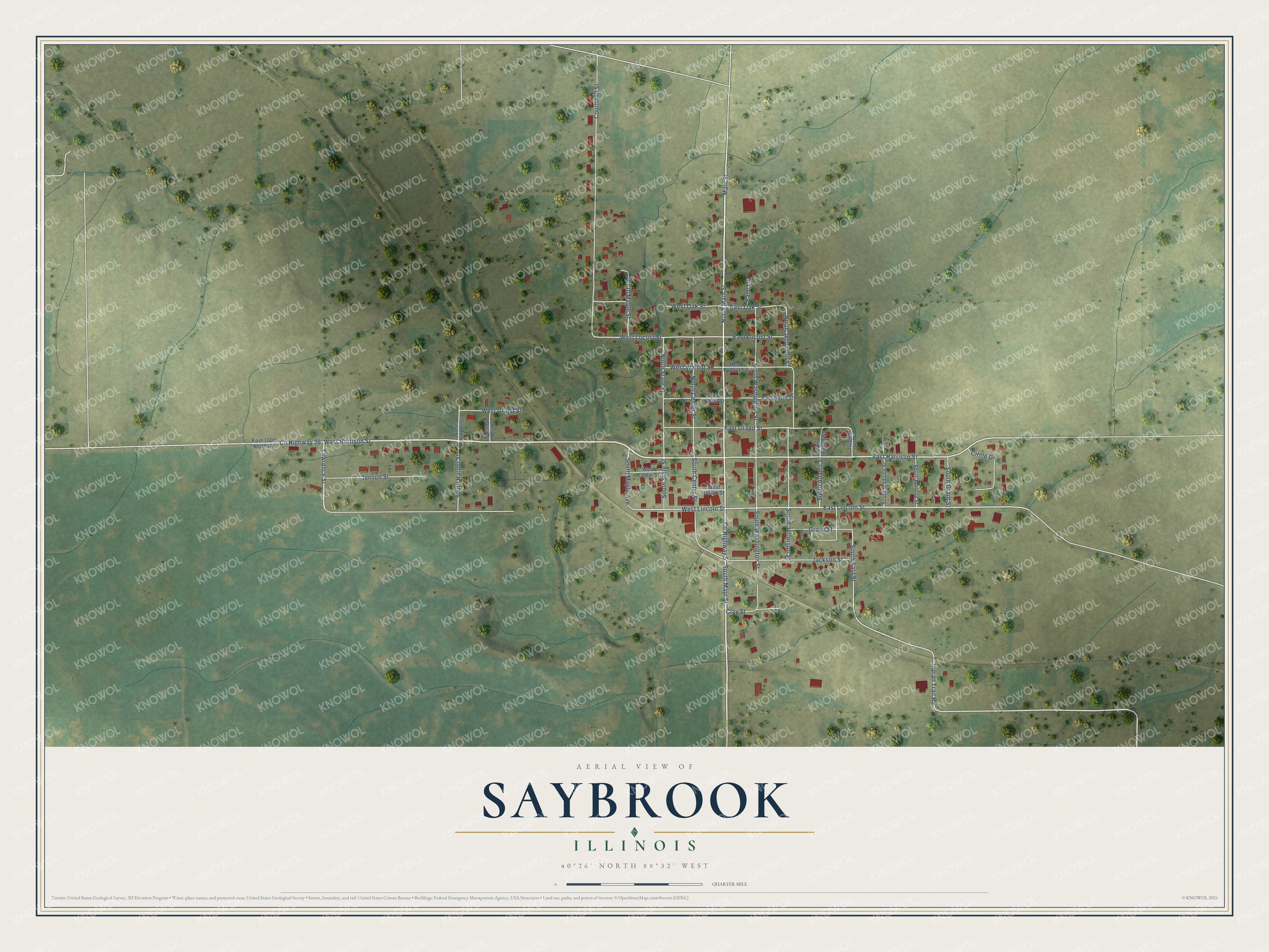 Full map of Saybrook, Illinois, with red buildings, printed street names and the land around them