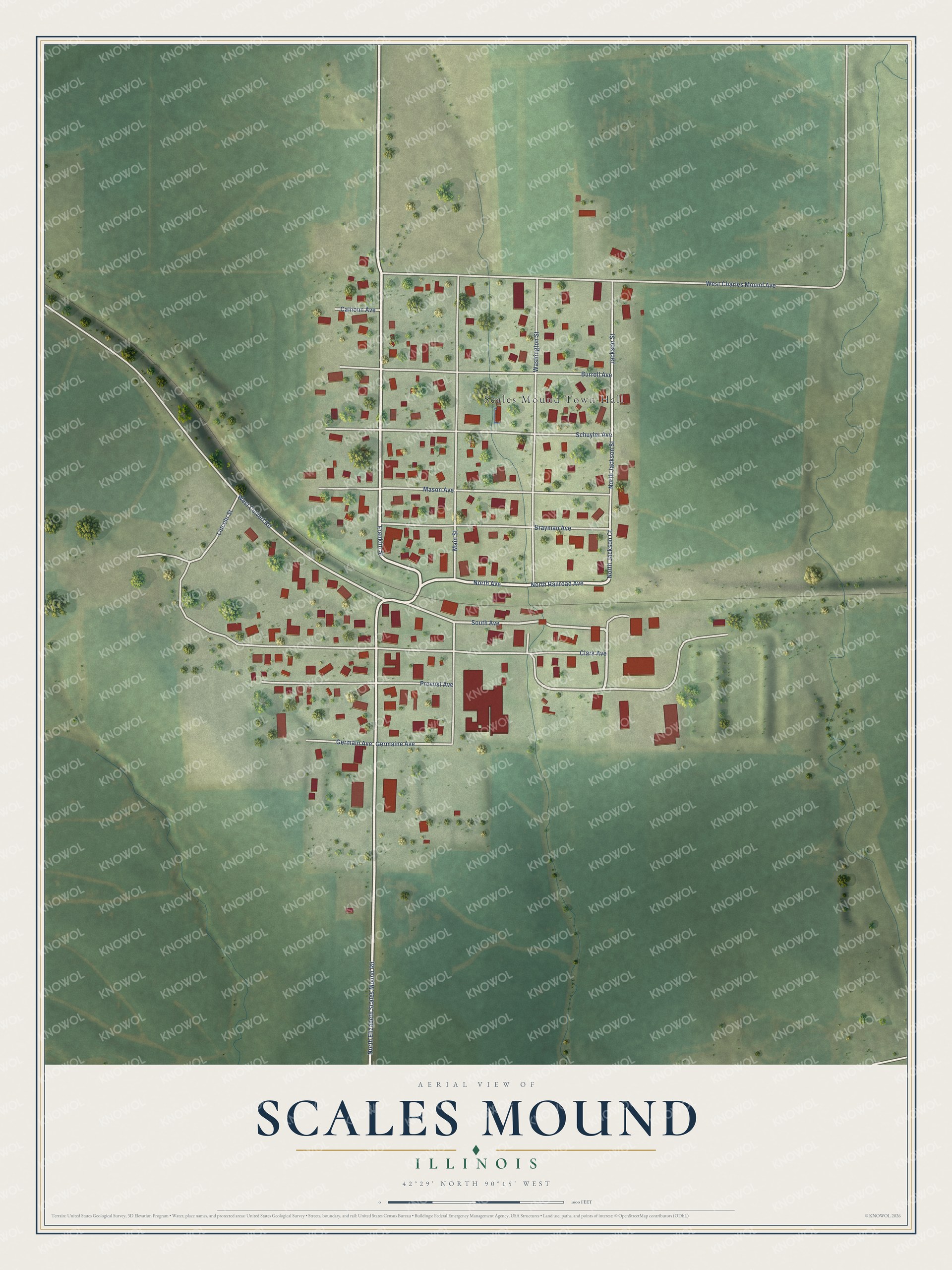 Full map of Scales Mound, Illinois, with red buildings, printed street names and the land around them