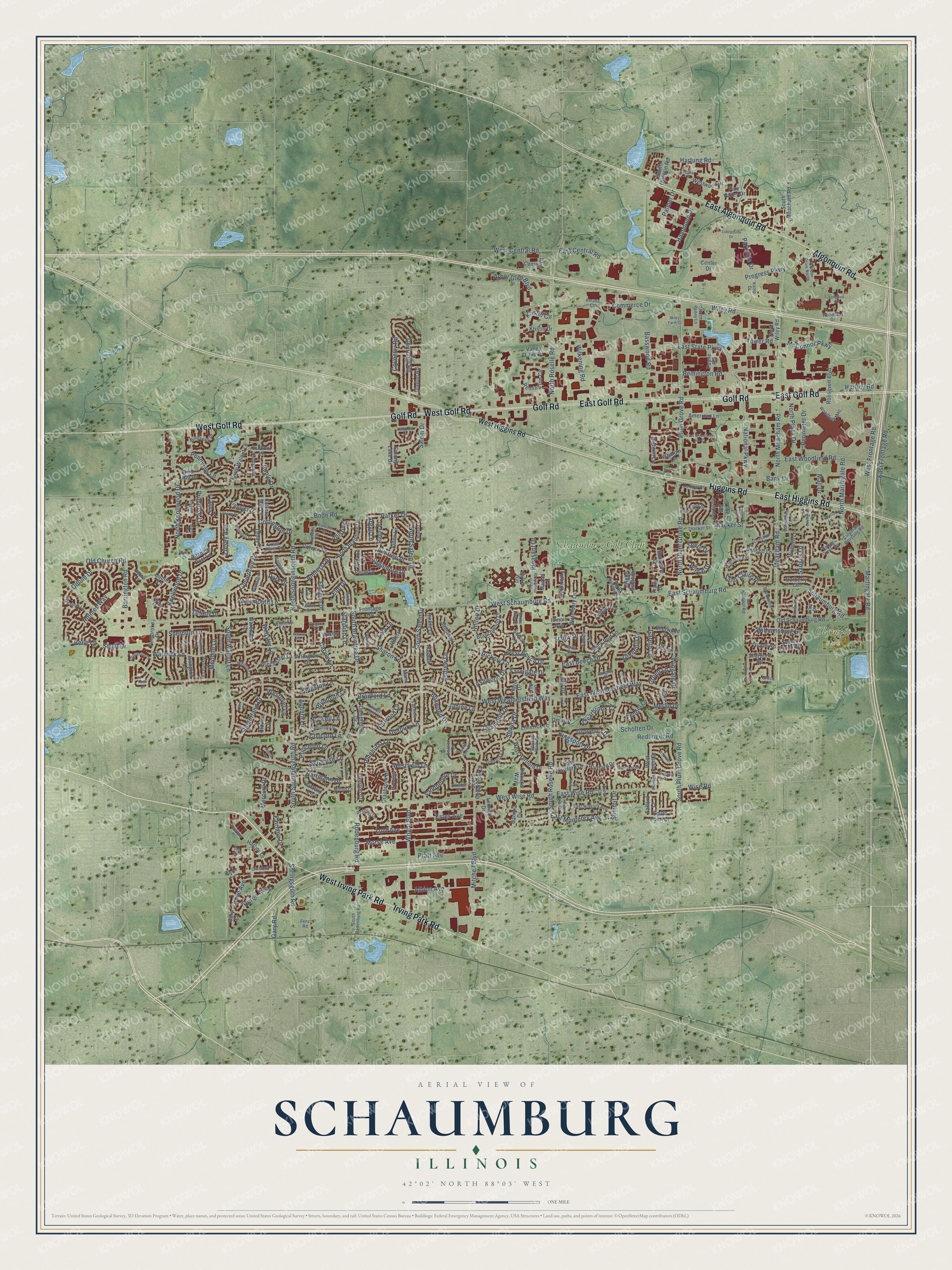 Full map of Schaumburg, Illinois, with red buildings, printed street names and the land around them