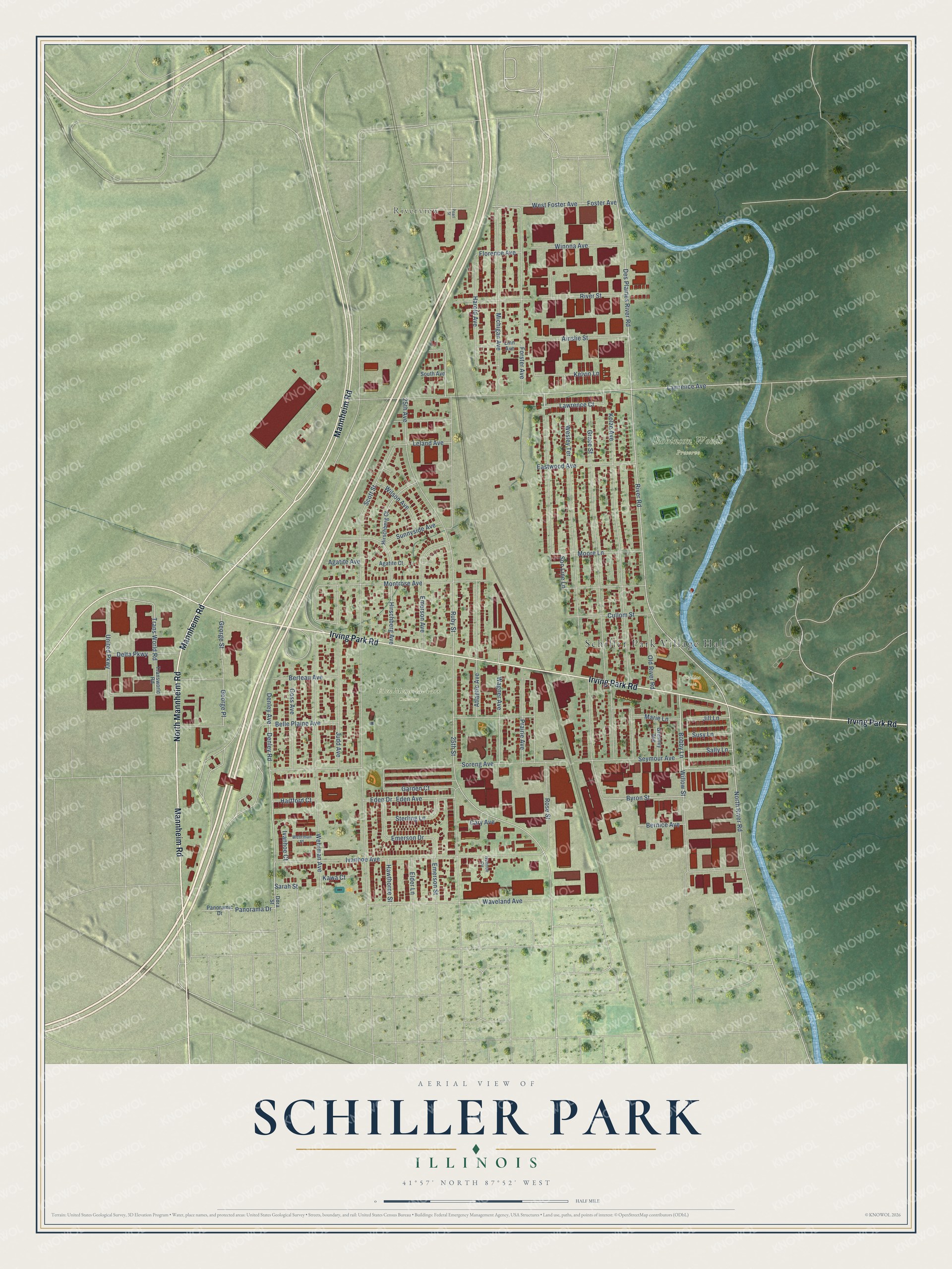 Full map of Schiller Park, Illinois, with red buildings, printed street names and the land around them