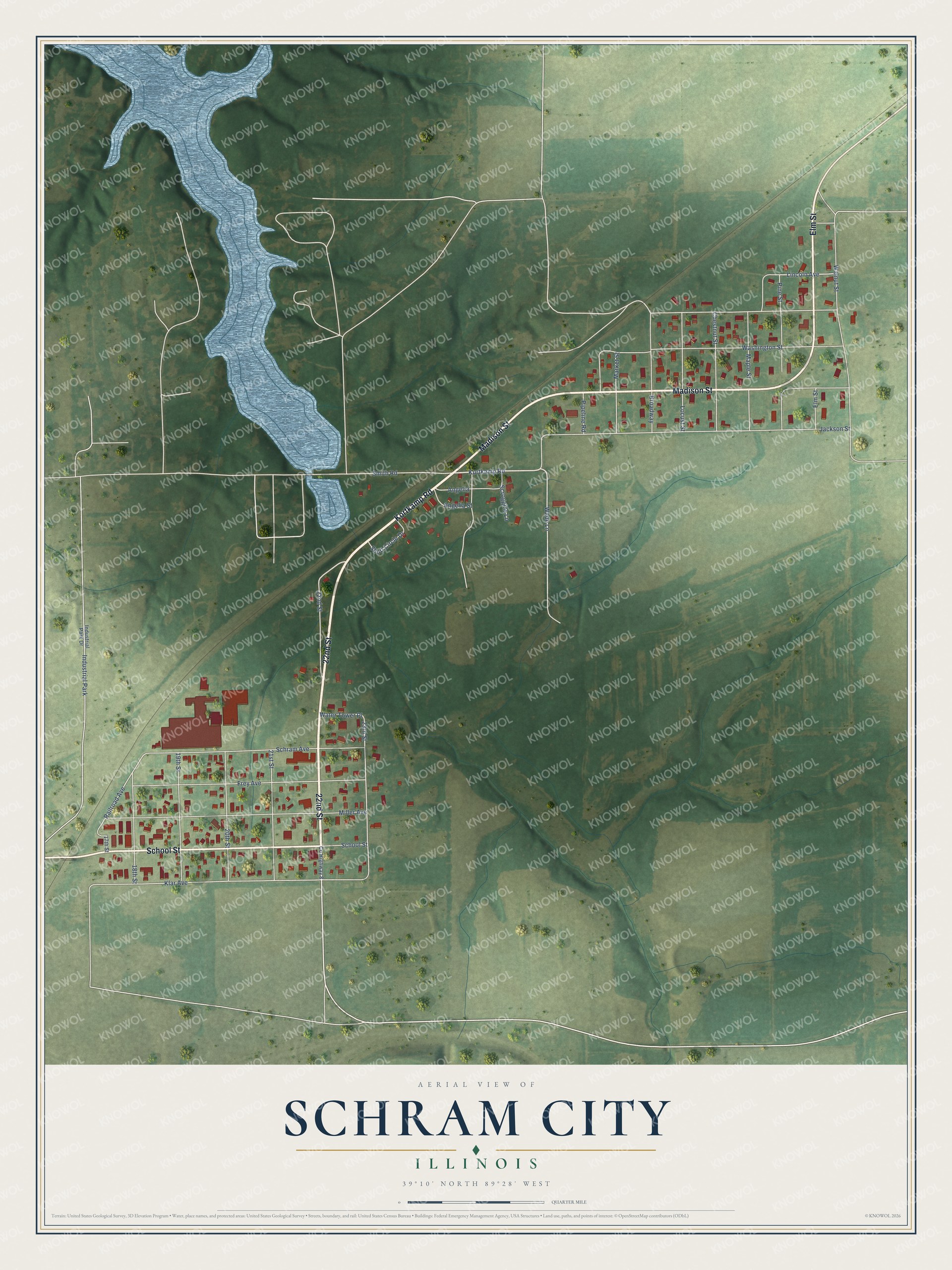 Full map of Schram City, Illinois, with red buildings, printed street names and the land around them