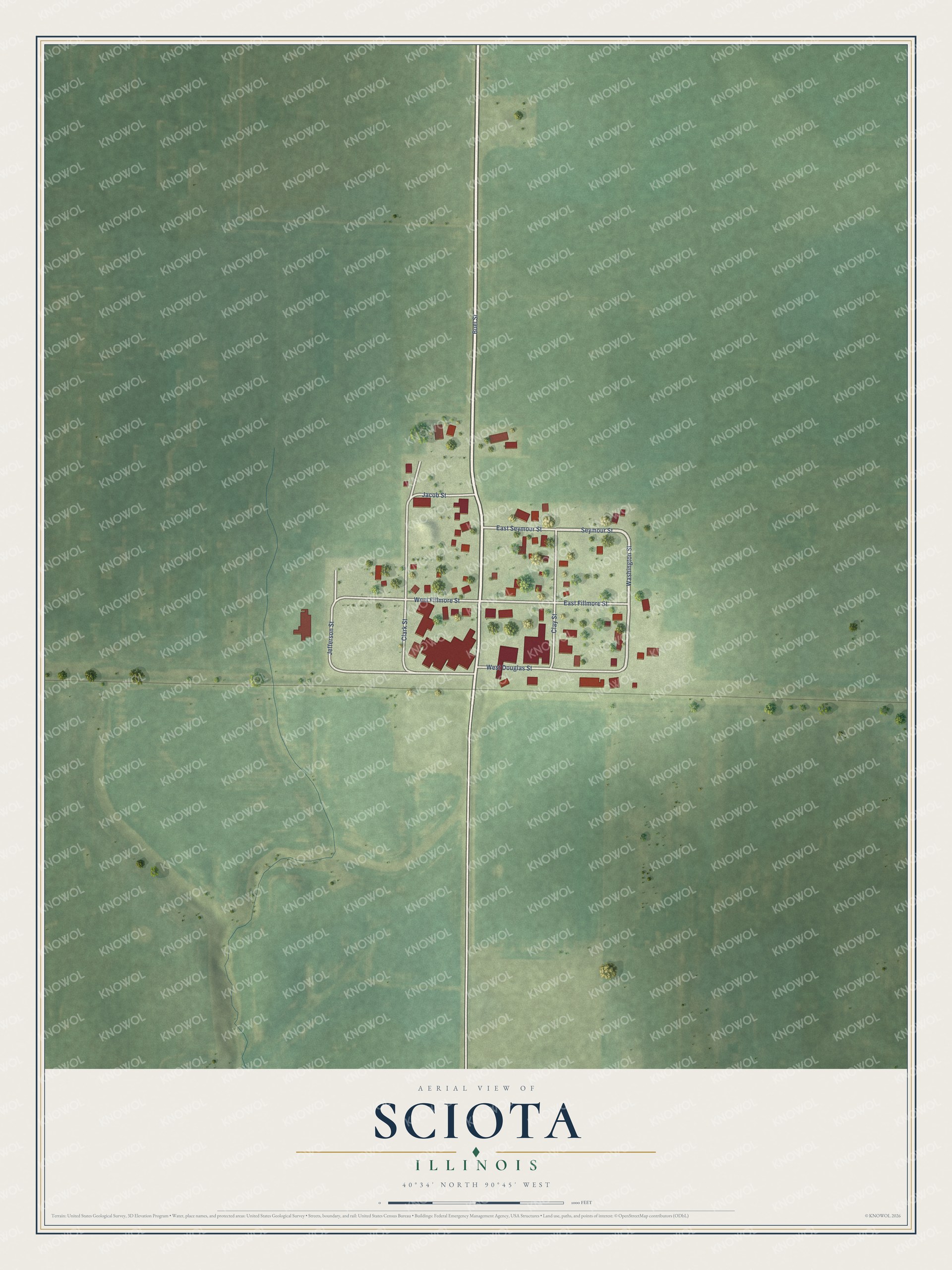 Full map of Sciota, Illinois, with red buildings, printed street names and the land around them