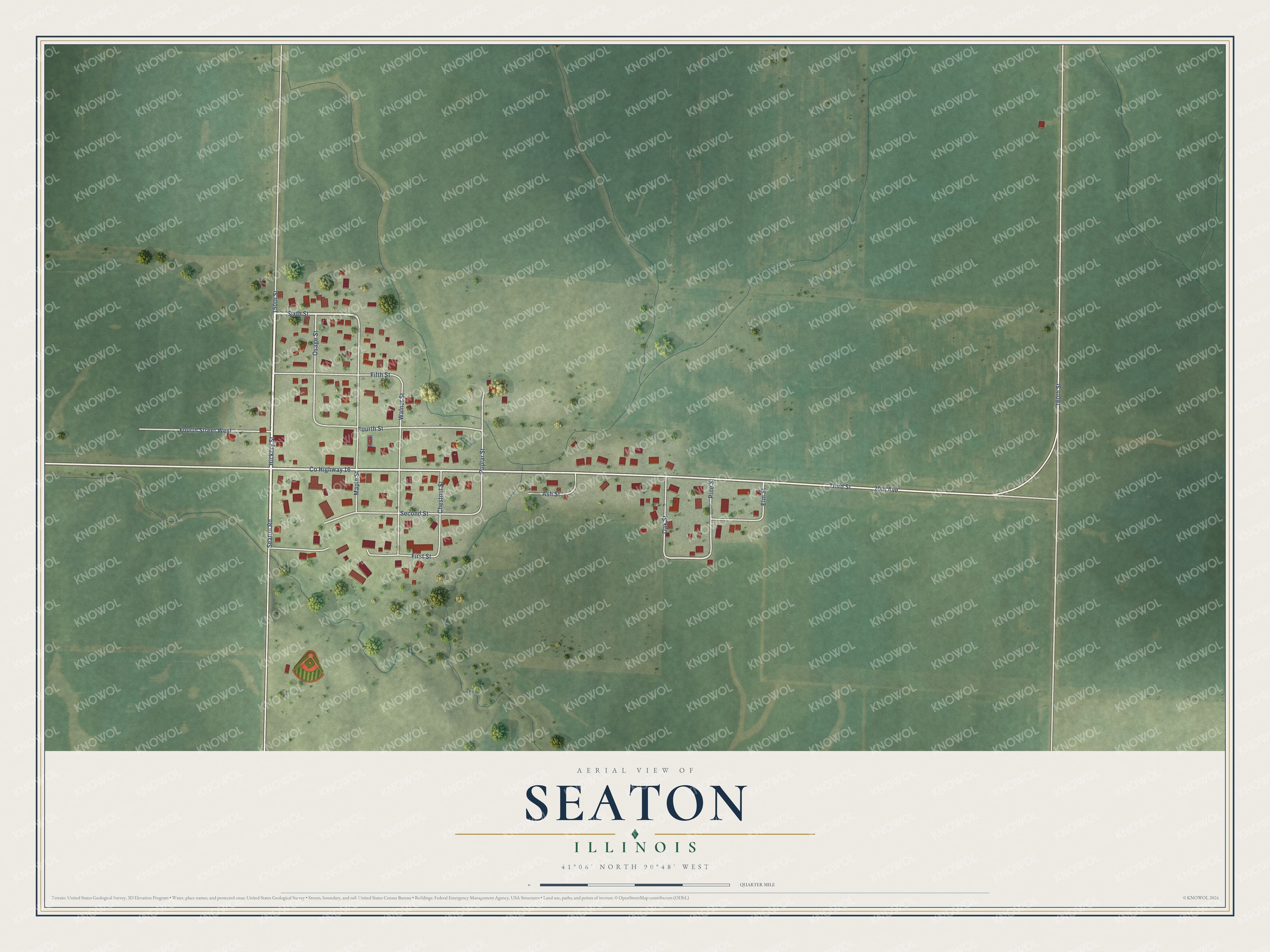 Full map of Seaton, Illinois, with red buildings, printed street names and the land around them