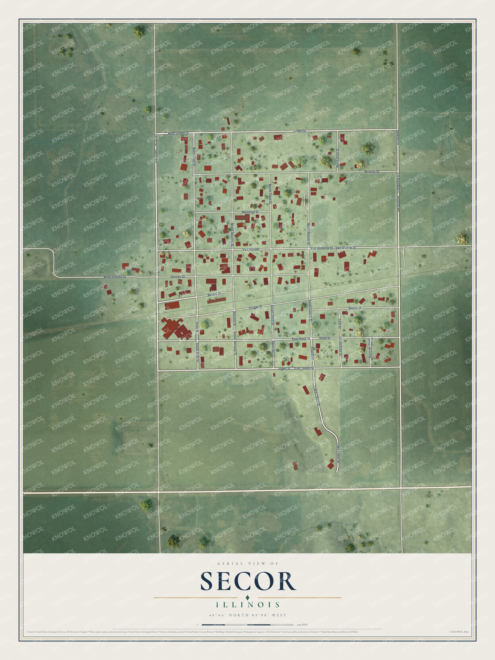 Full map of Secor, Illinois, with red buildings, printed street names and the land around them