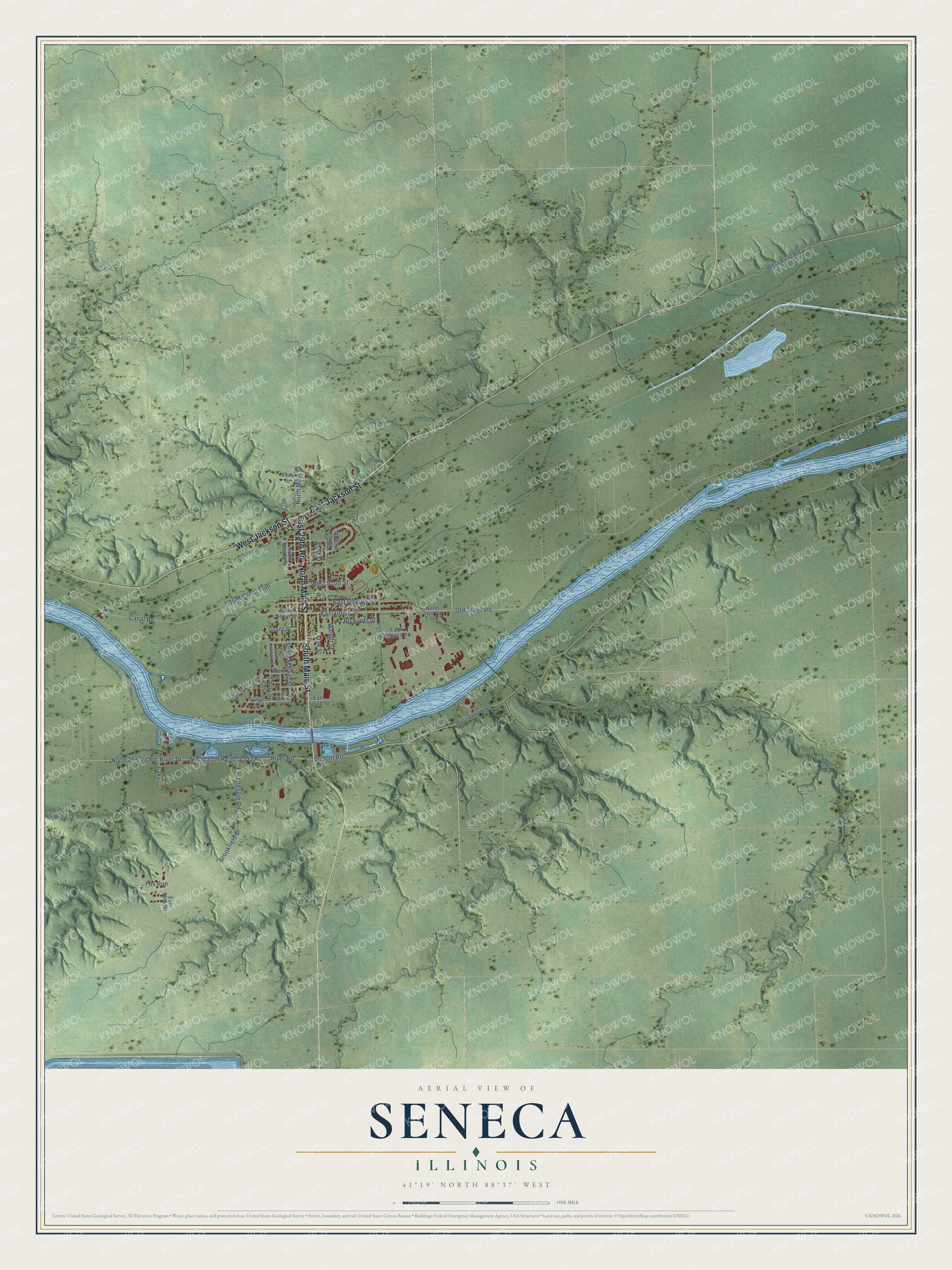 Full map of Seneca, Illinois, with red buildings, printed street names and the land around them