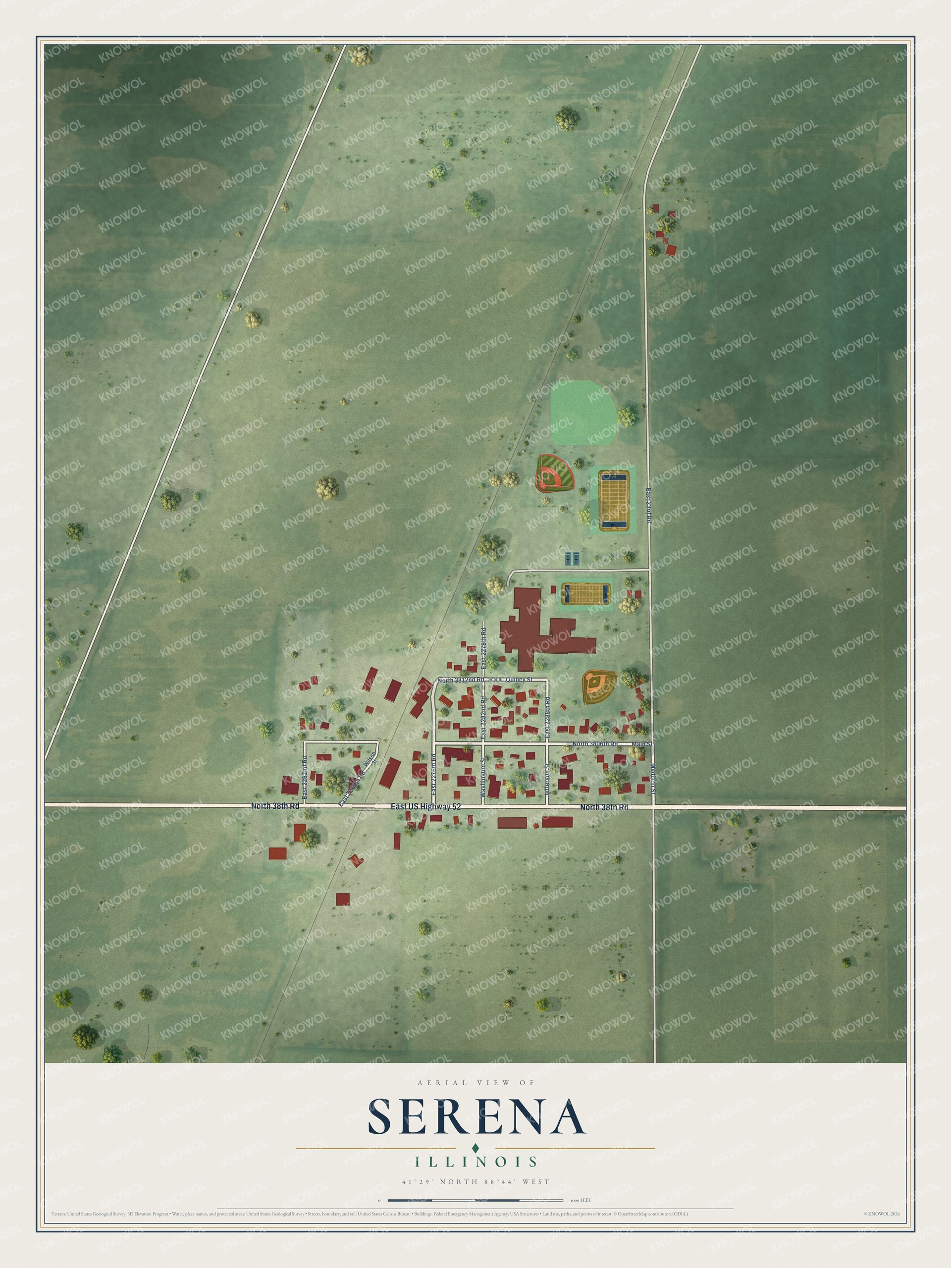 Full map of Serena, Illinois, with red buildings, printed street names and the land around them