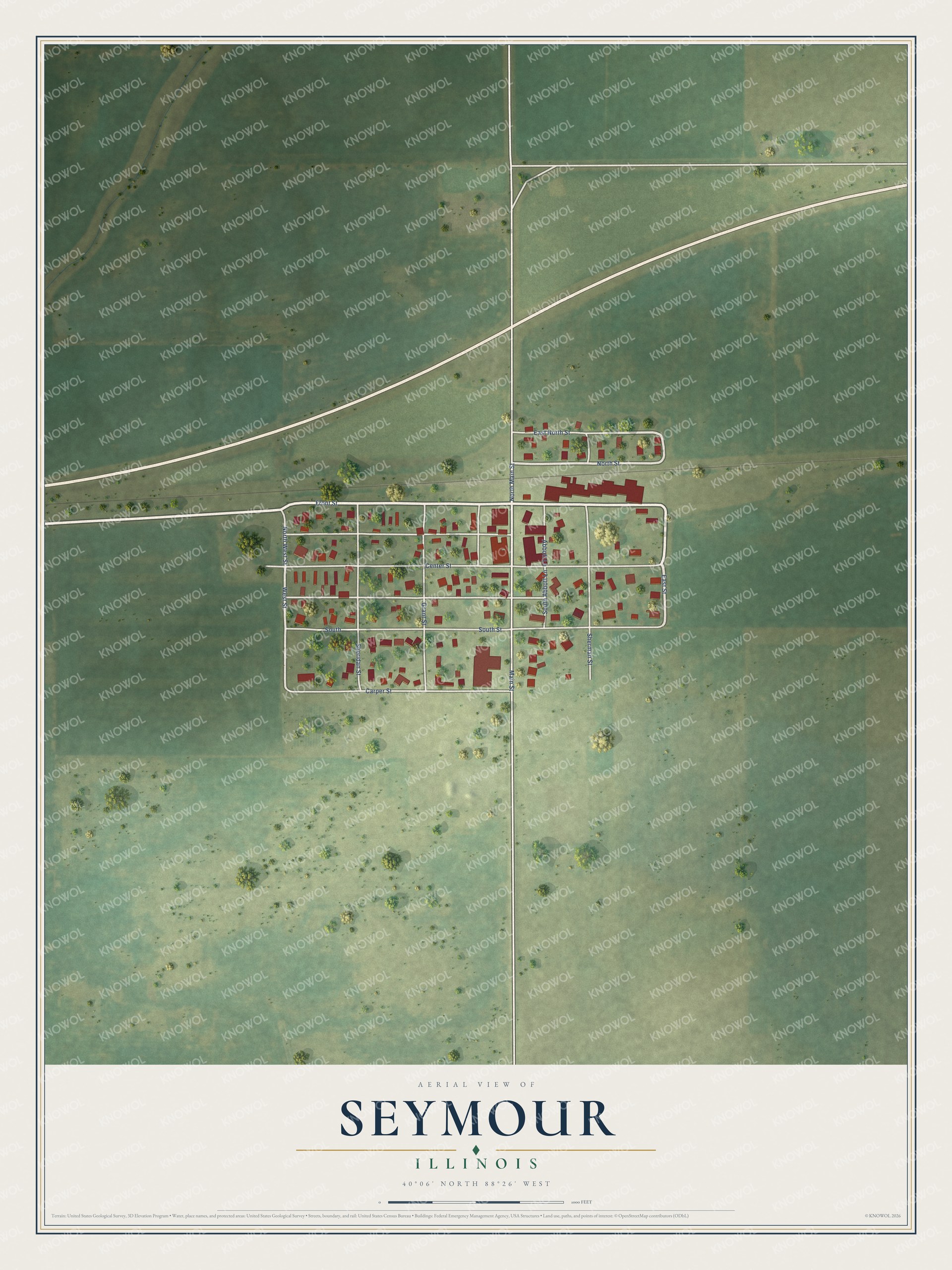 Full map of Seymour, Illinois, with red buildings, printed street names and the land around them
