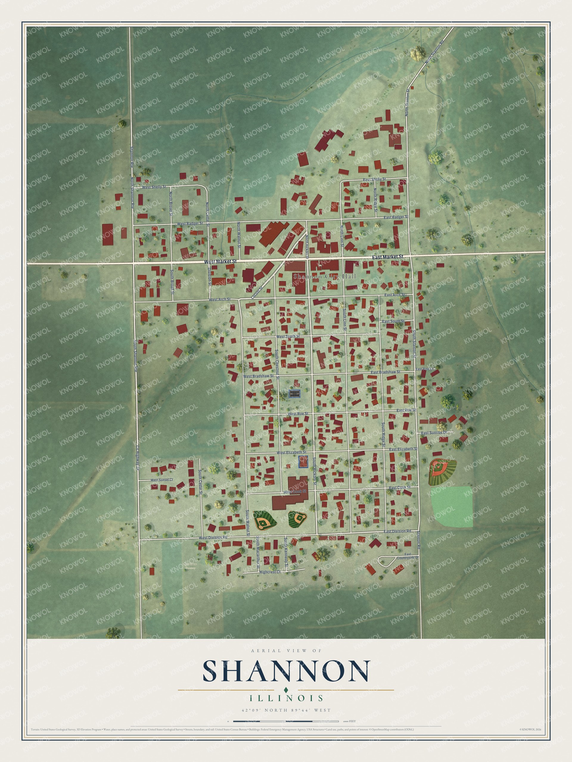 Full map of Shannon, Illinois, with red buildings, printed street names and the land around them