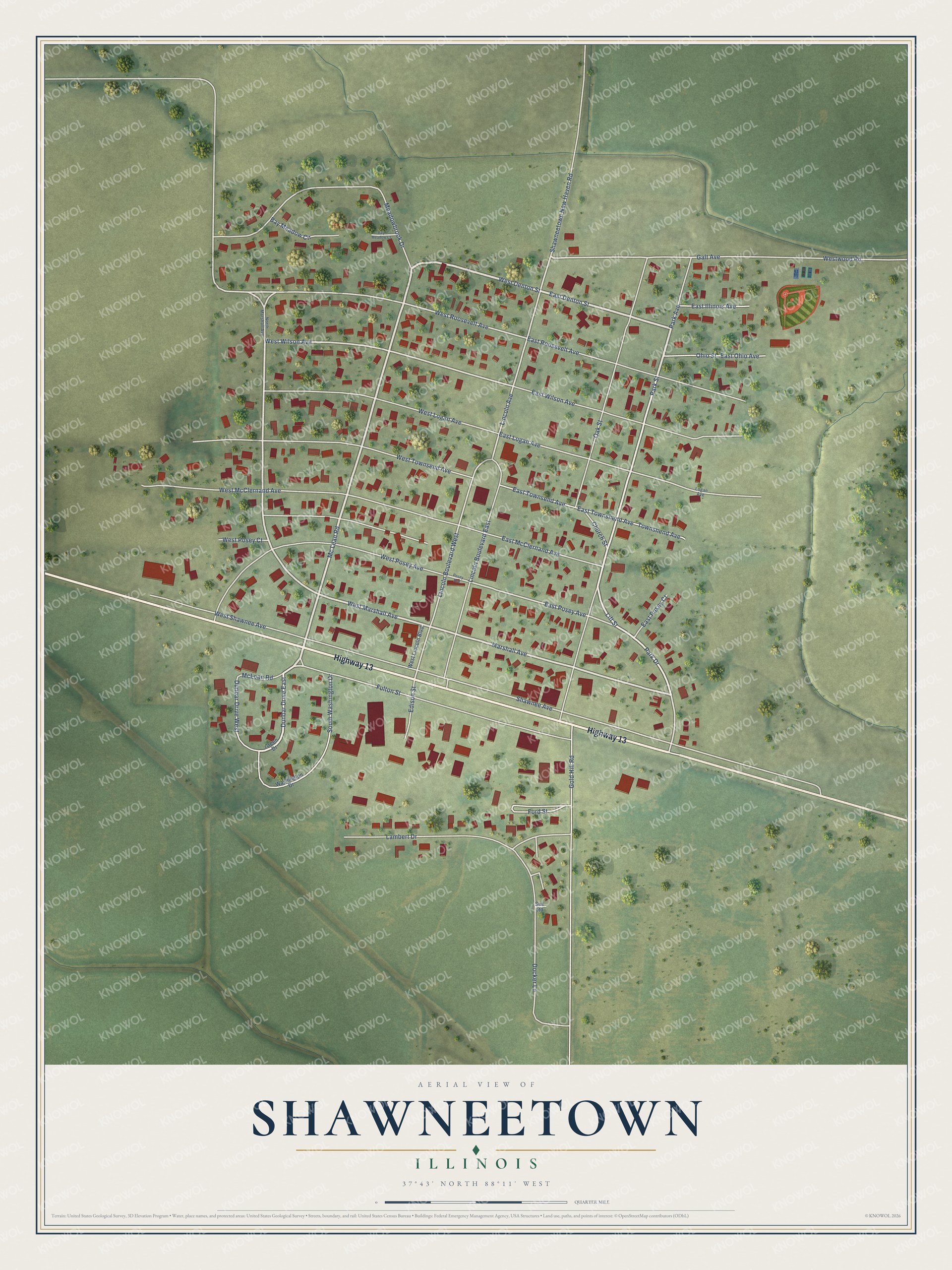 Full map of Shawneetown, Illinois, with red buildings, printed street names and the land around them