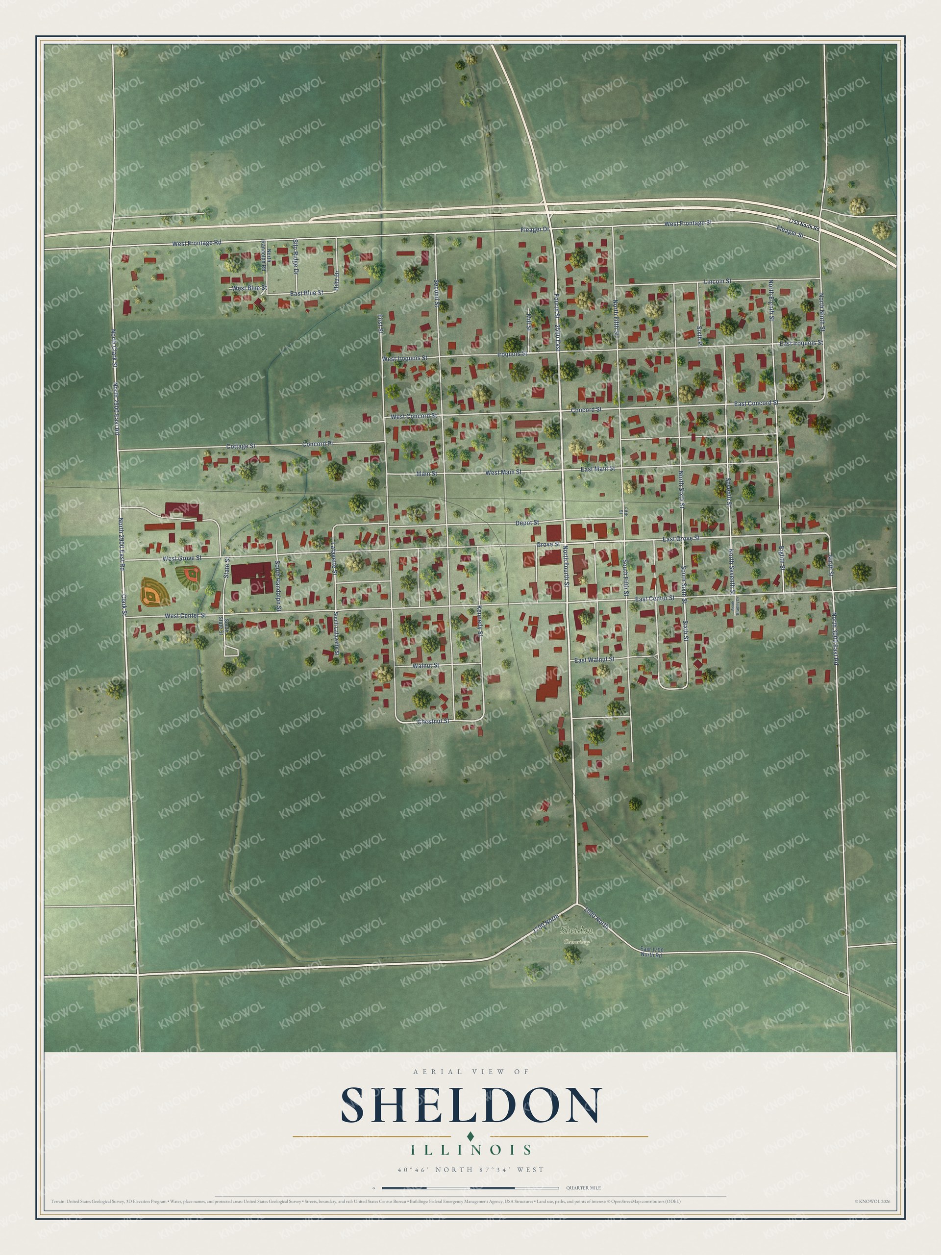 Full map of Sheldon, Illinois, with red buildings, printed street names and the land around them