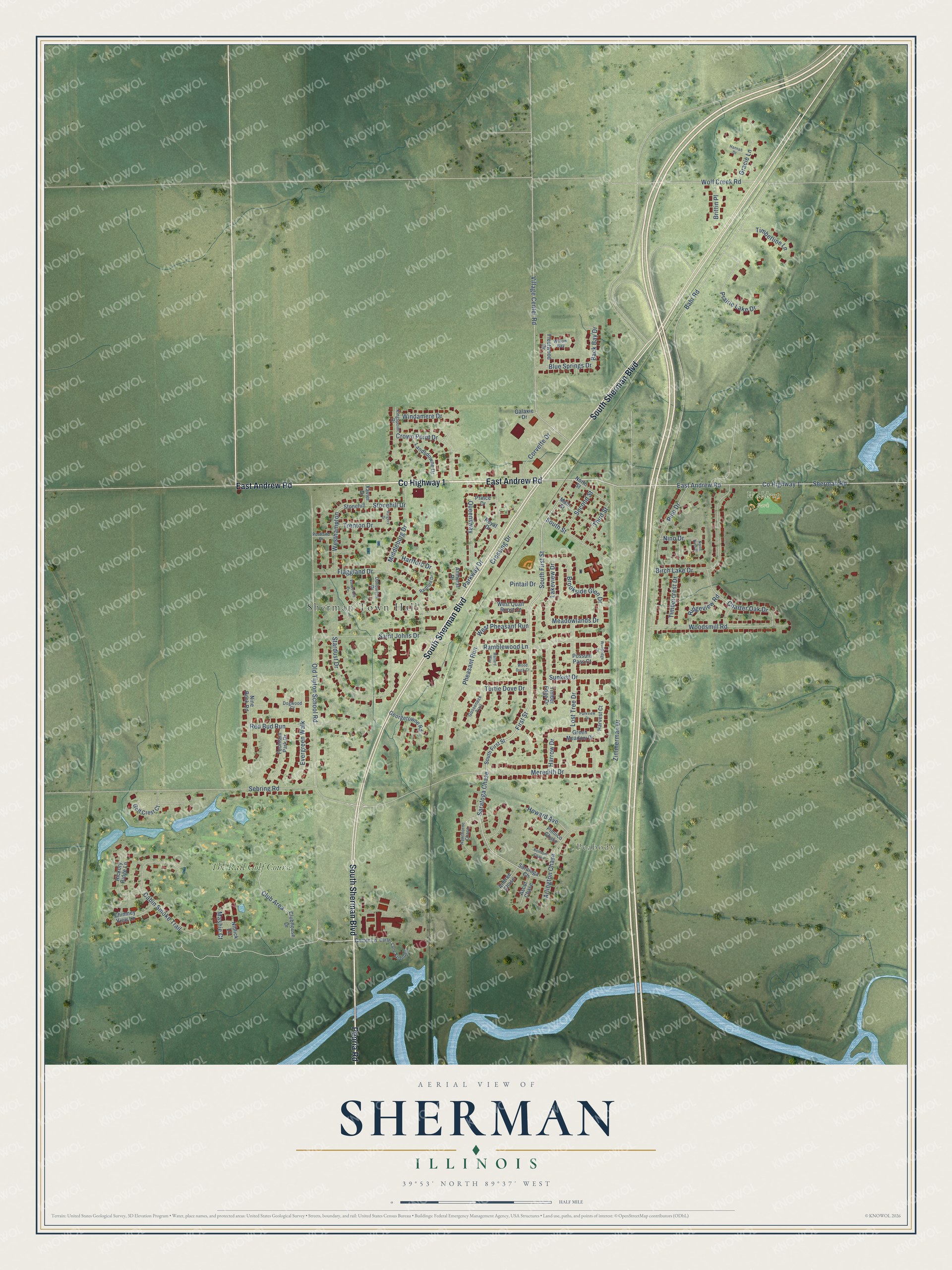 Full map of Sherman, Illinois, with red buildings, printed street names and the land around them