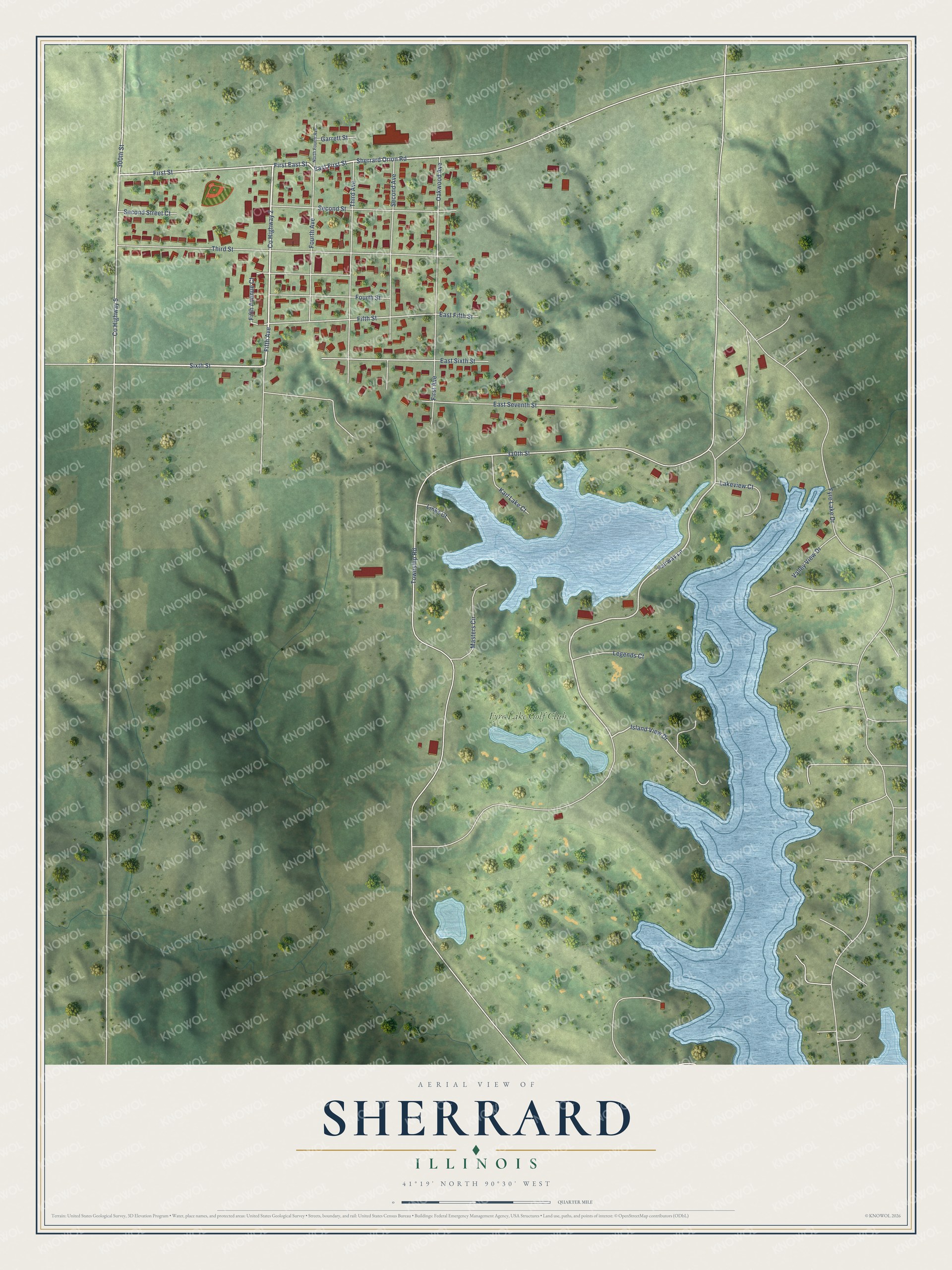 Full map of Sherrard, Illinois, with red buildings, printed street names and the land around them