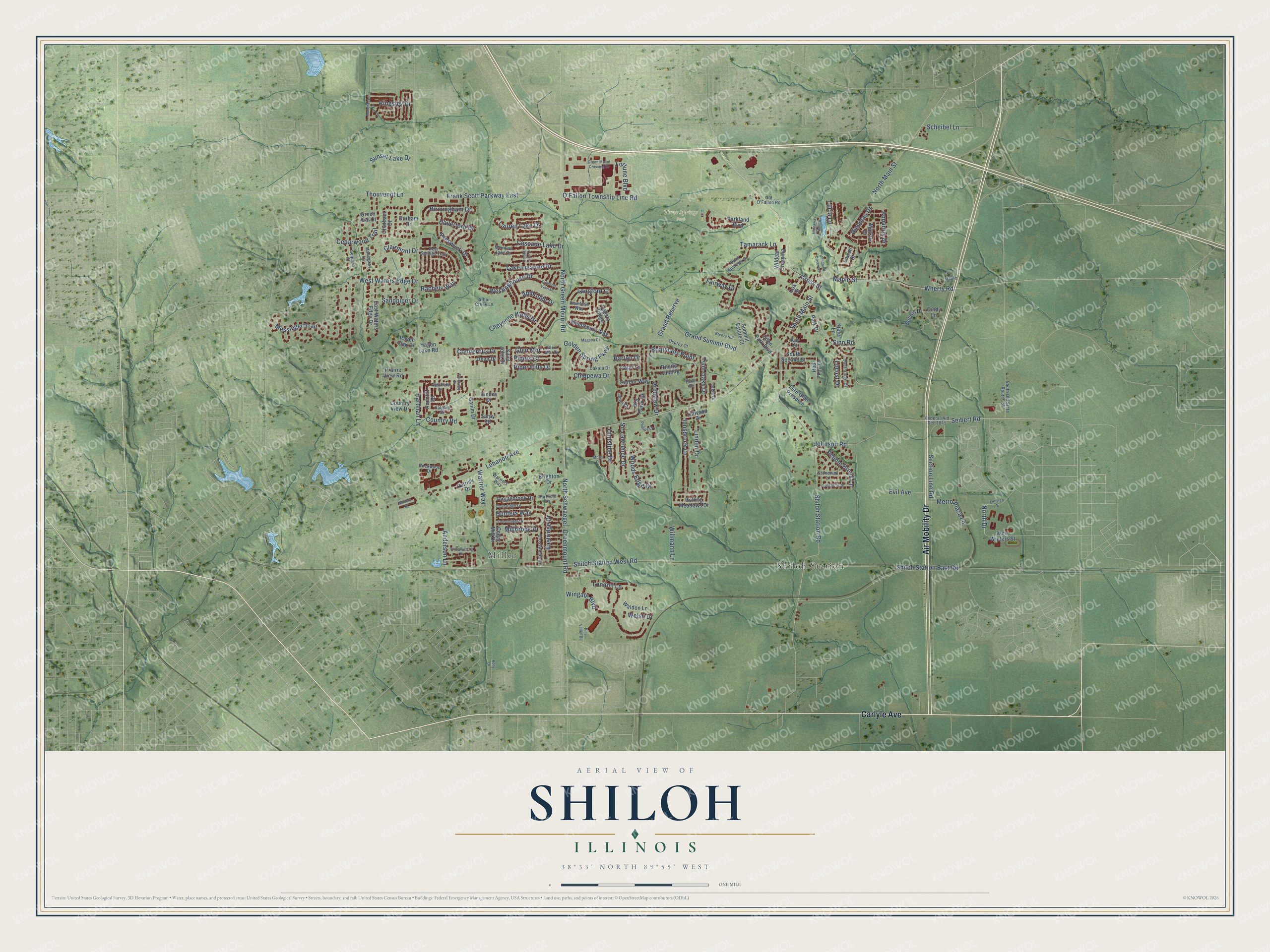Full map of Shiloh, Illinois, with red buildings, printed street names and the land around them