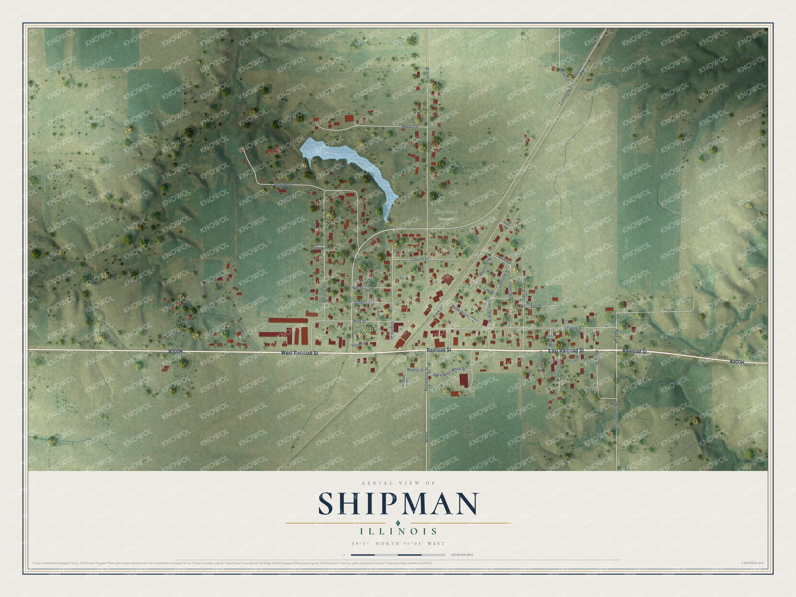 Full map of Shipman, Illinois, with red buildings, printed street names and the land around them