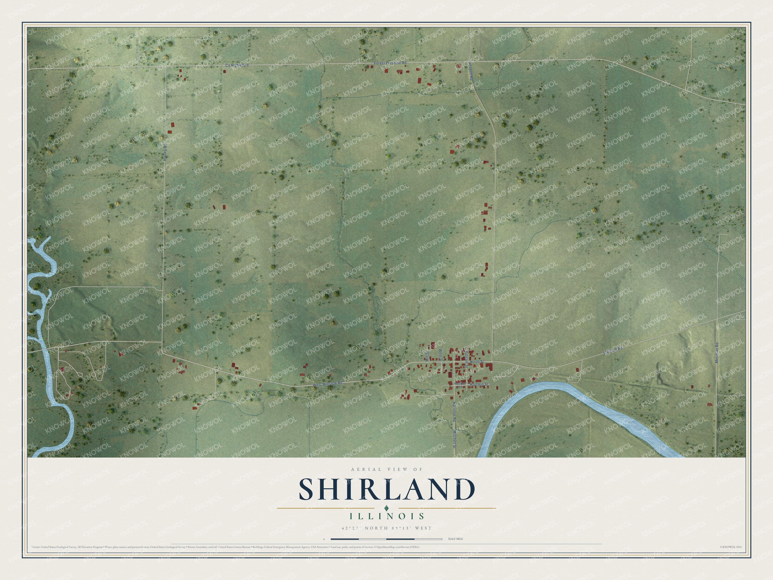 Full map of Shirland, Illinois, with red buildings, printed street names and the land around them