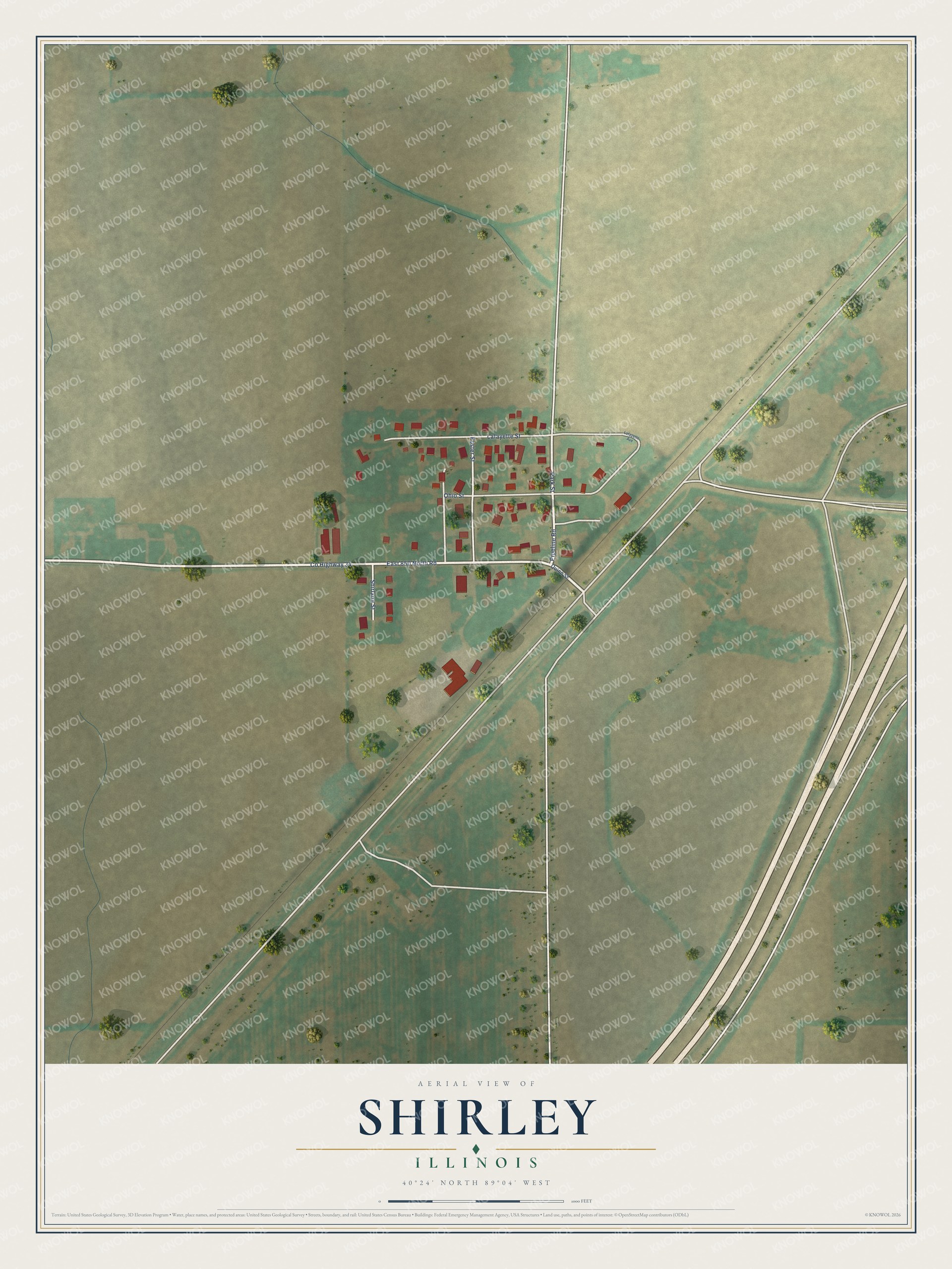 Full map of Shirley, Illinois, with red buildings, printed street names and the land around them