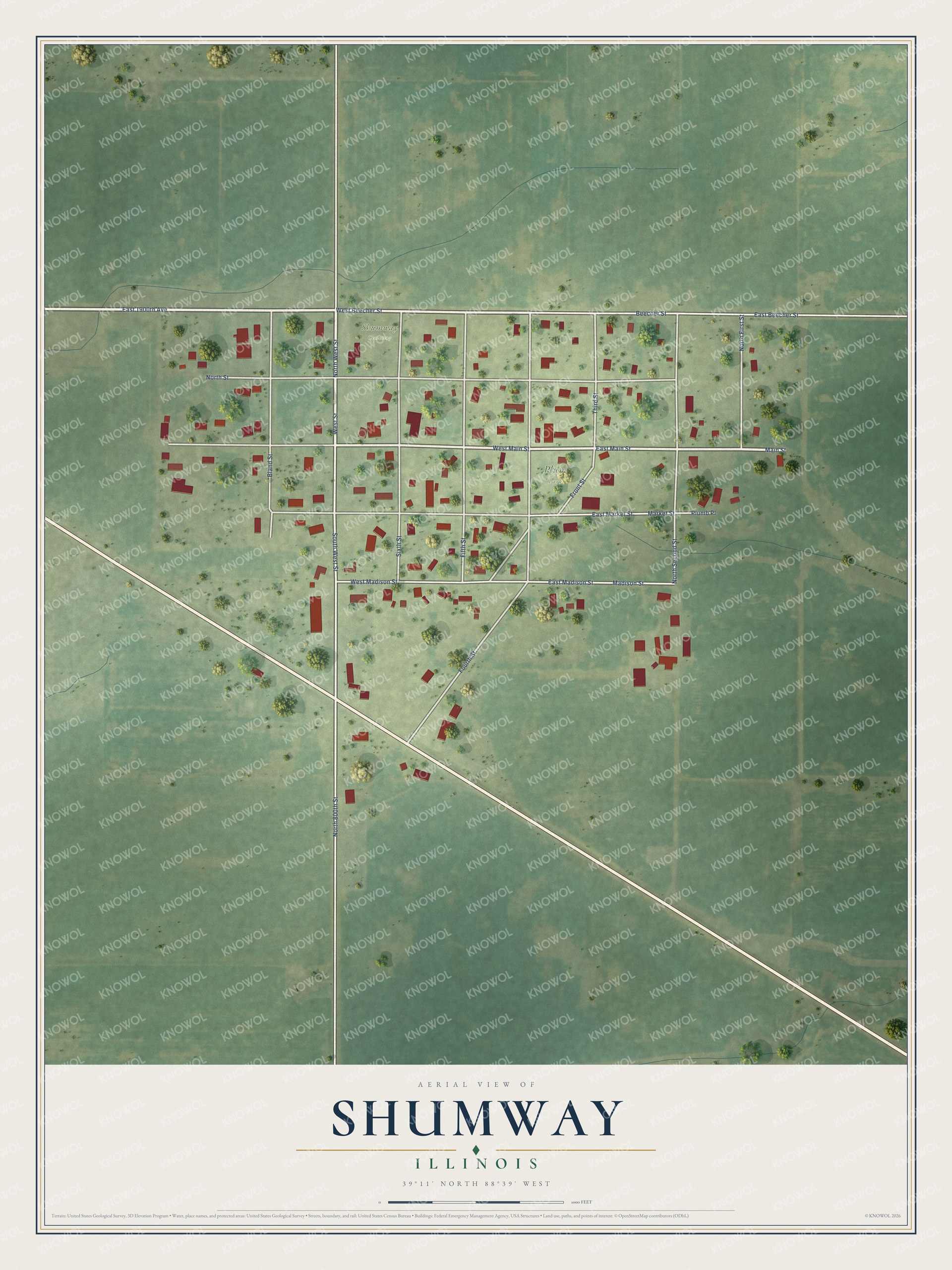 Full map of Shumway, Illinois, with red buildings, printed street names and the land around them
