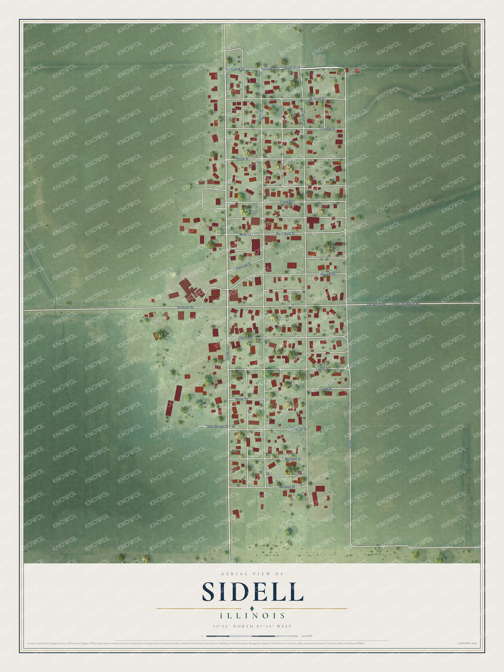 Full map of Sidell, Illinois, with red buildings, printed street names and the land around them