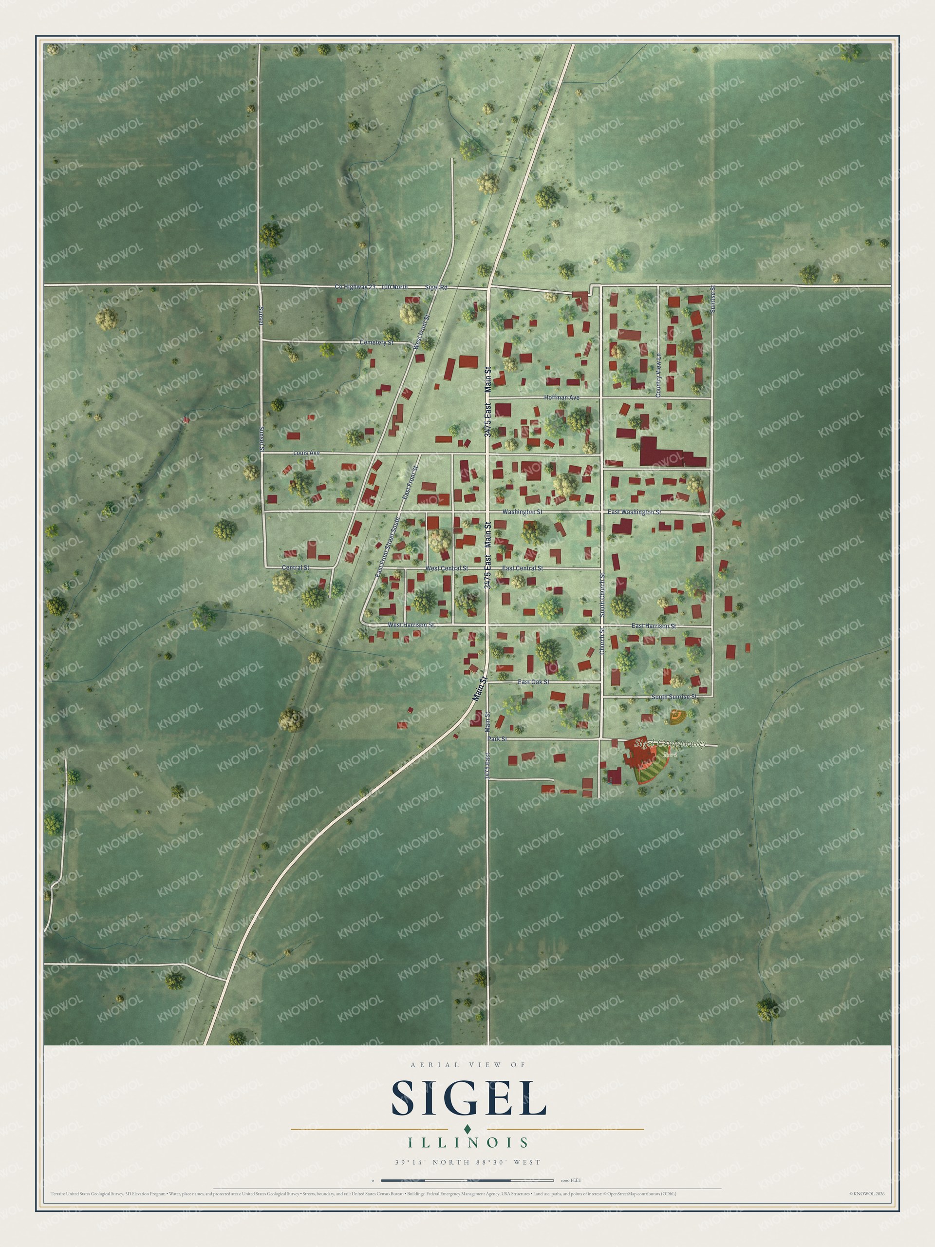 Full map of Sigel, Illinois, with red buildings, printed street names and the land around them