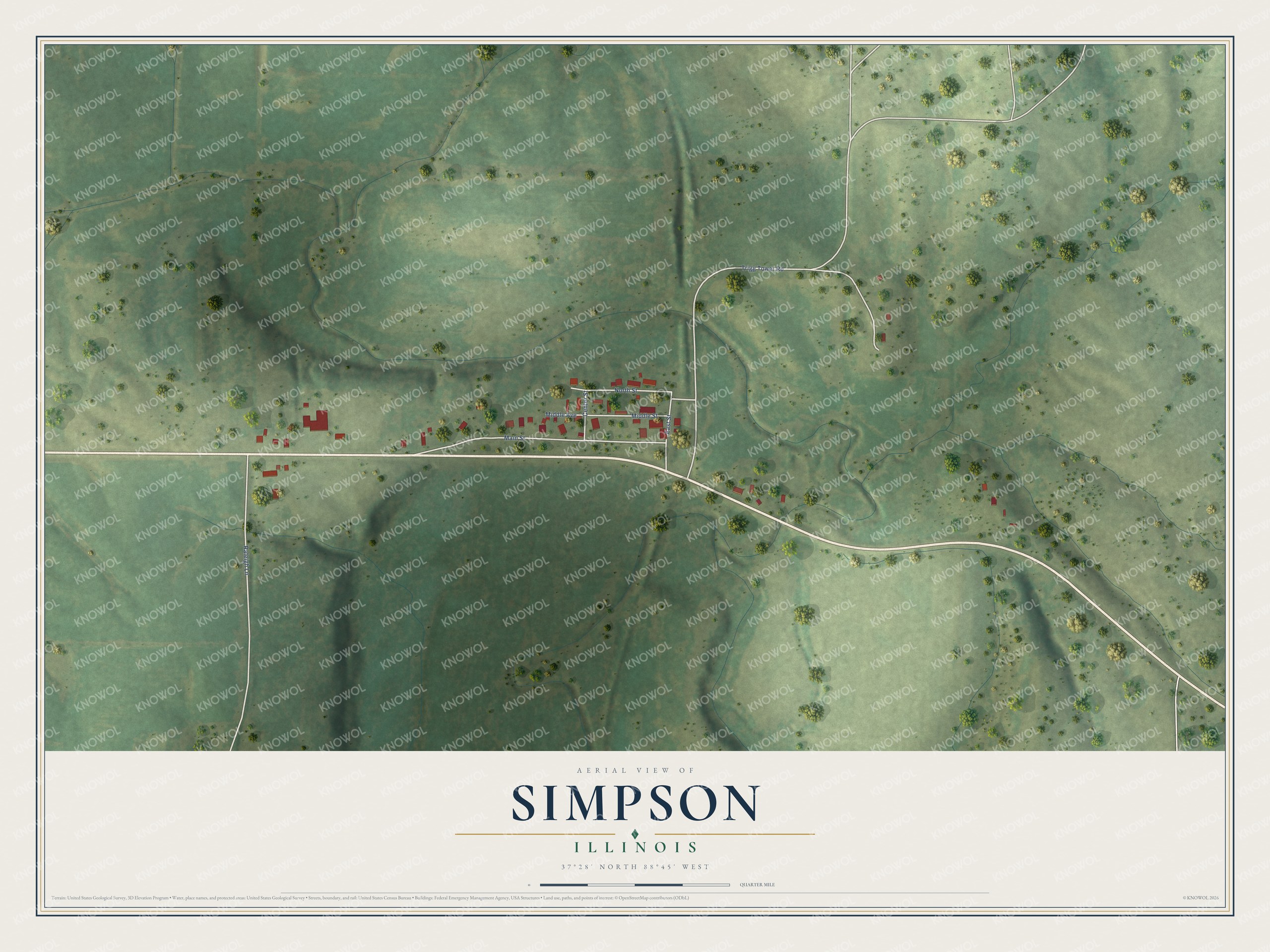 Full map of Simpson, Illinois, with red buildings, printed street names and the land around them
