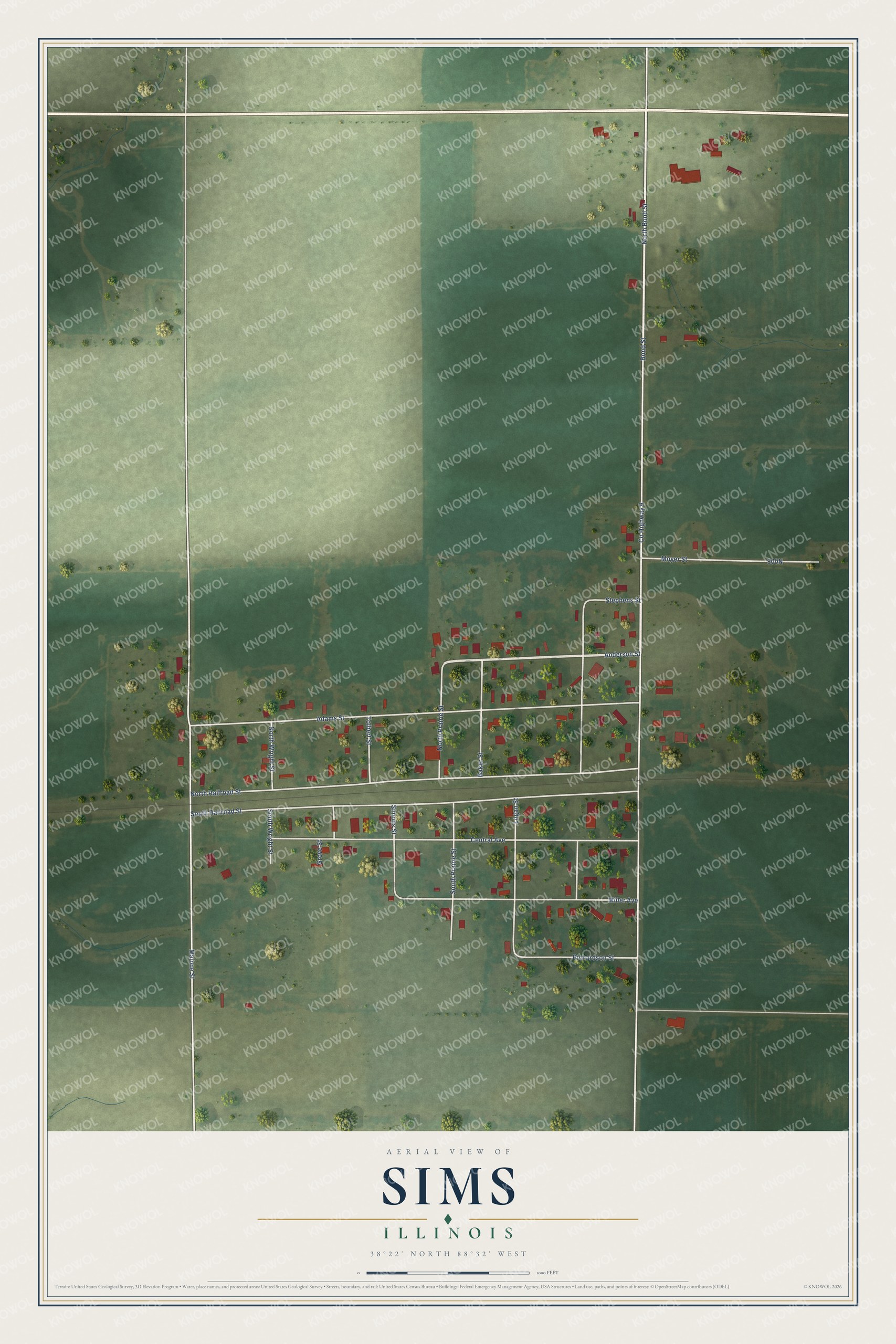 Full map of Sims, Illinois, with red buildings, printed street names and the land around them