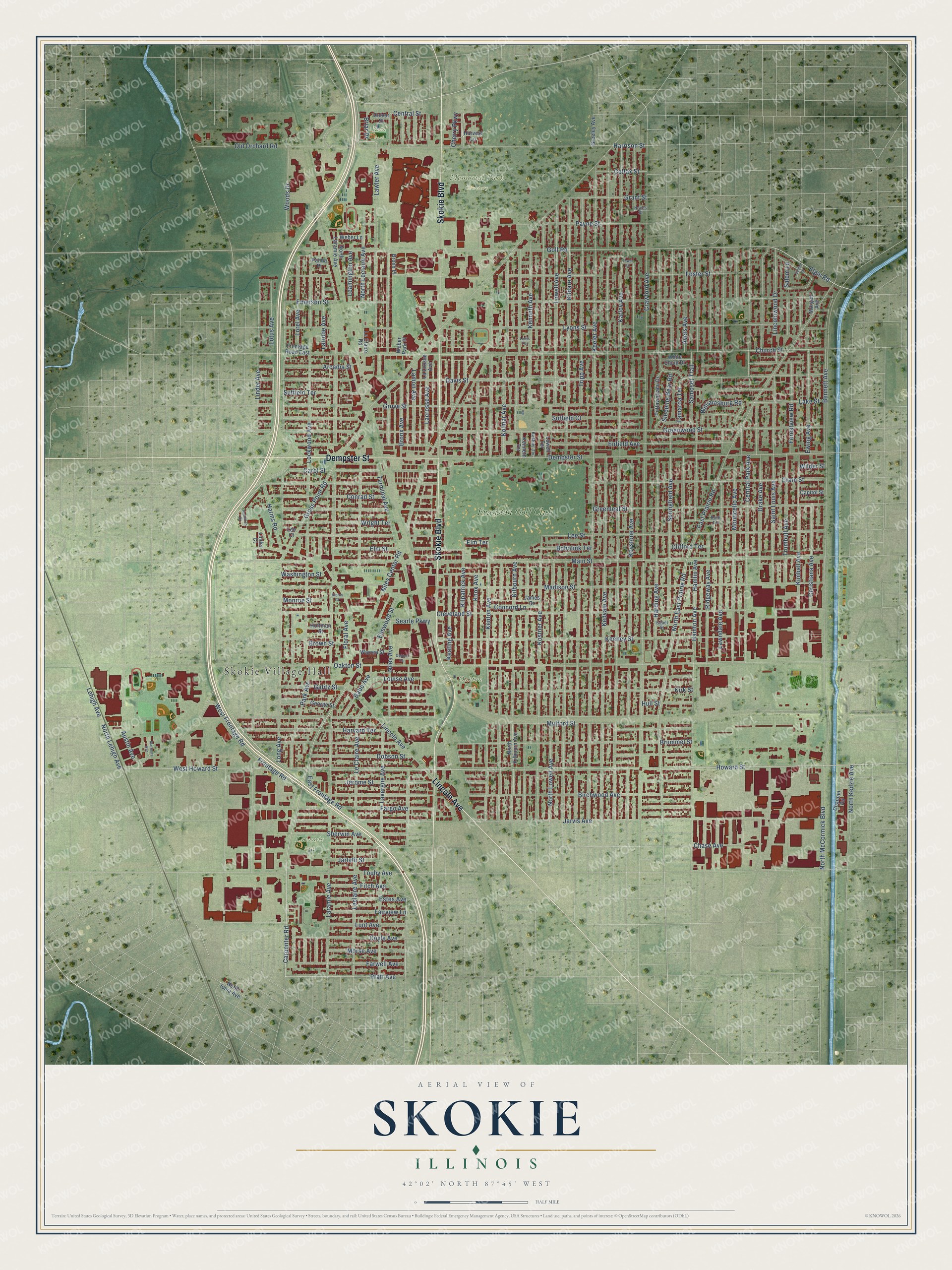 Full map of Skokie, Illinois, with red buildings, printed street names and the land around them