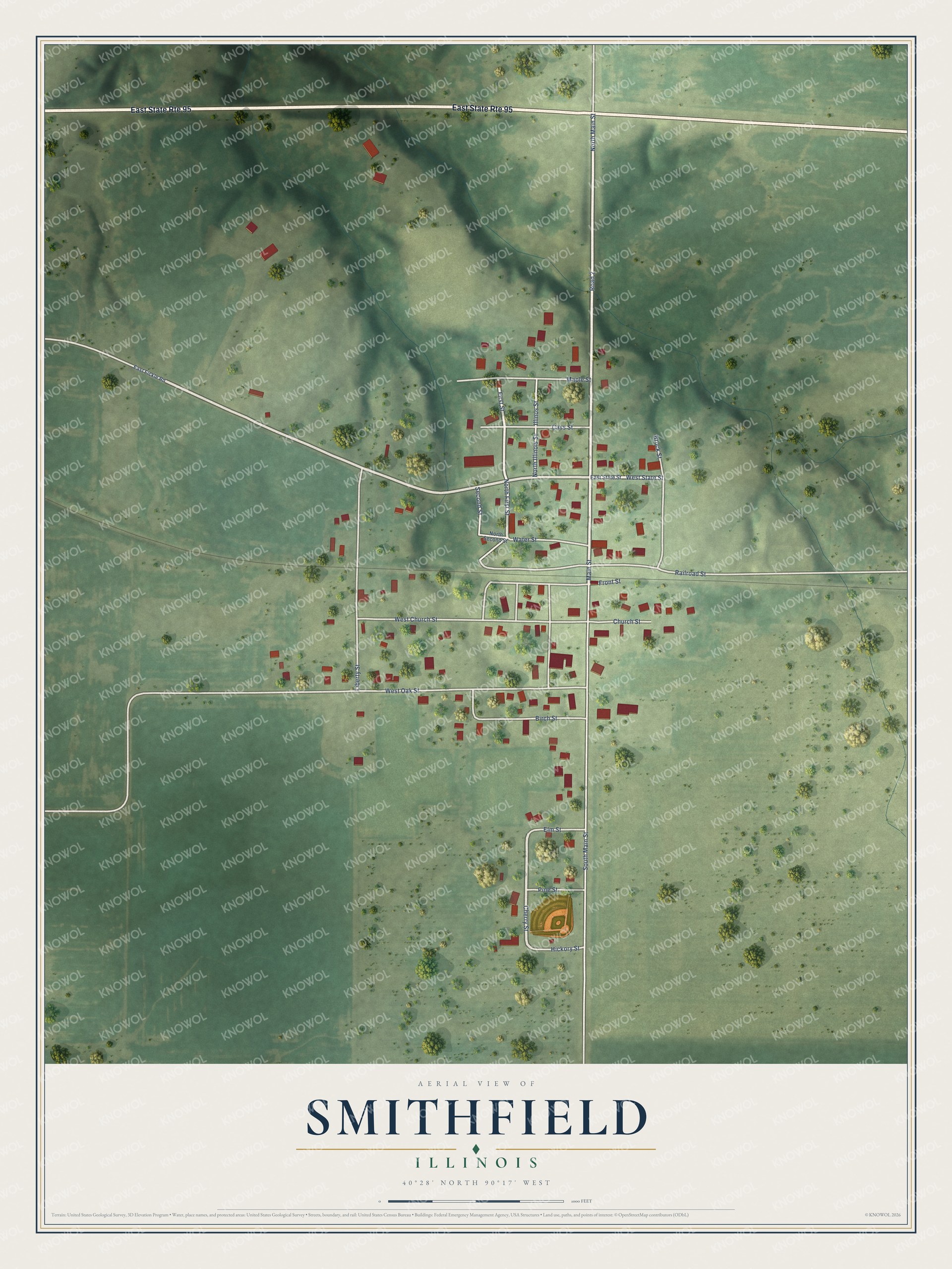 Full map of Smithfield, Illinois, with red buildings, printed street names and the land around them