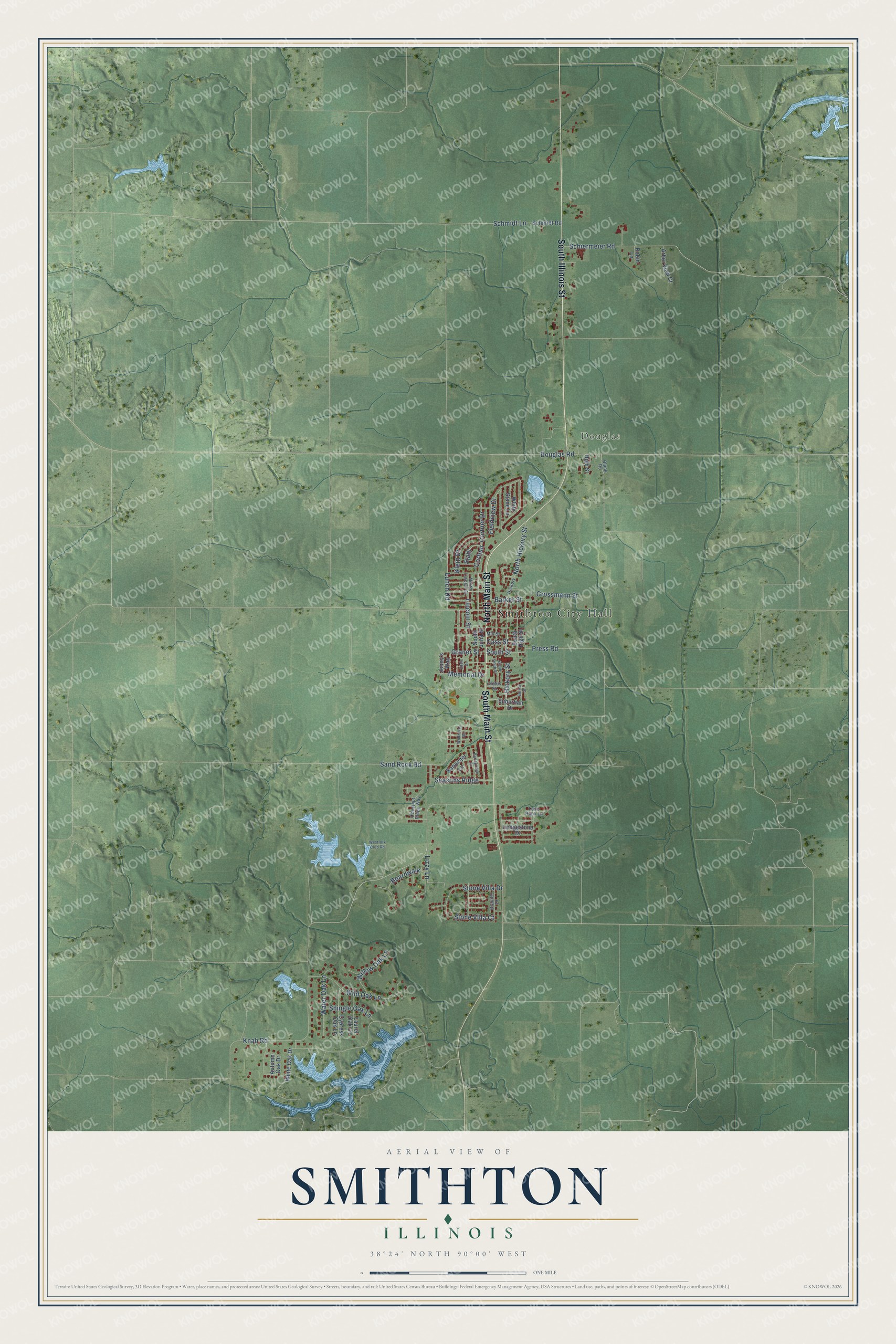 Full map of Smithton, Illinois, with red buildings, printed street names and the land around them