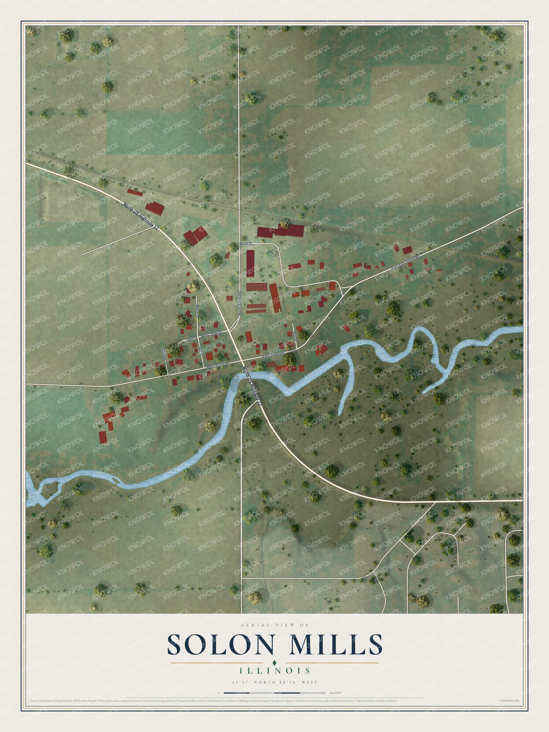 Full map of Solon Mills, Illinois, with red buildings, printed street names and the land around them