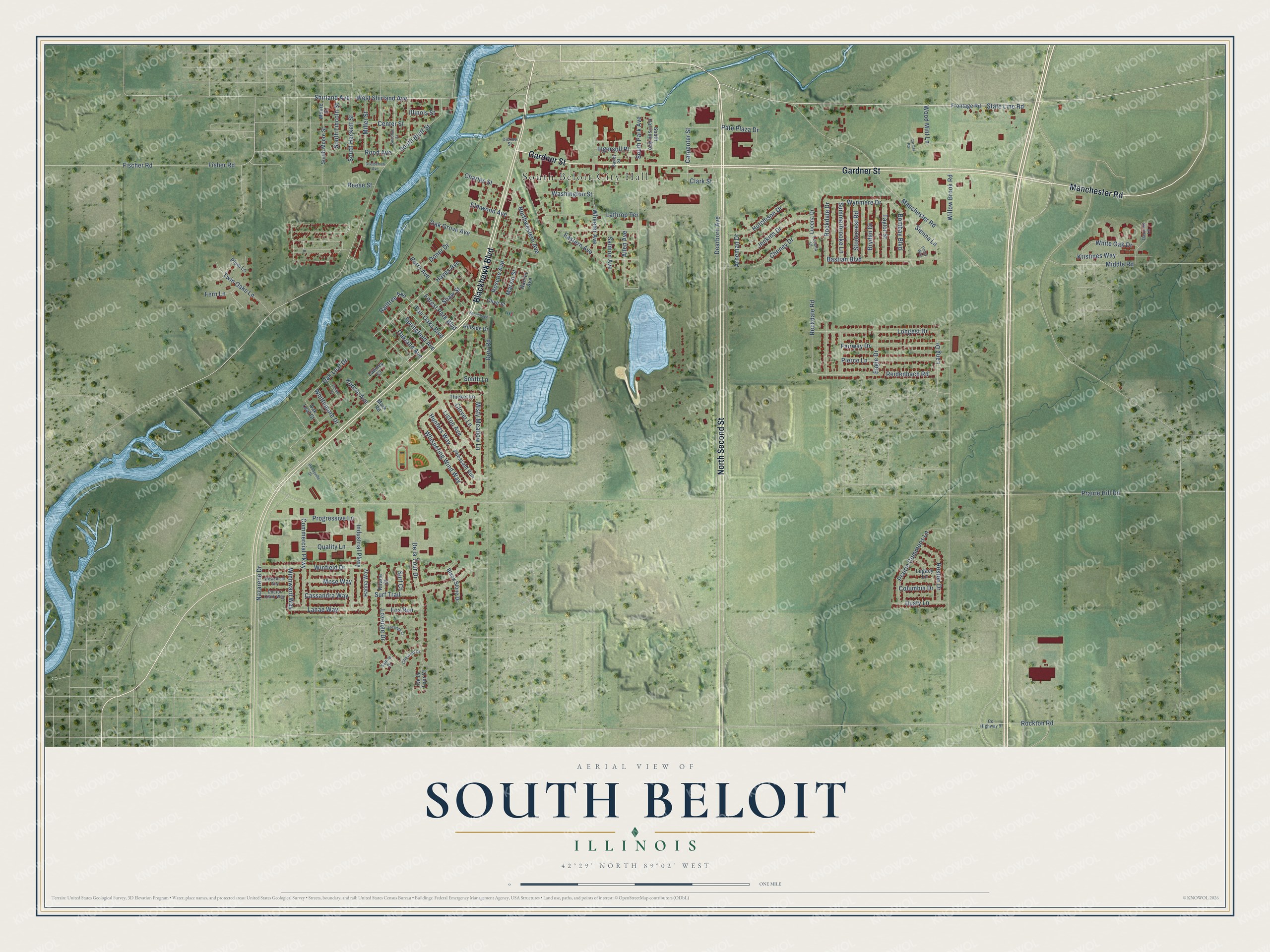 Full map of South Beloit, Illinois, with red buildings, printed street names and the land around them