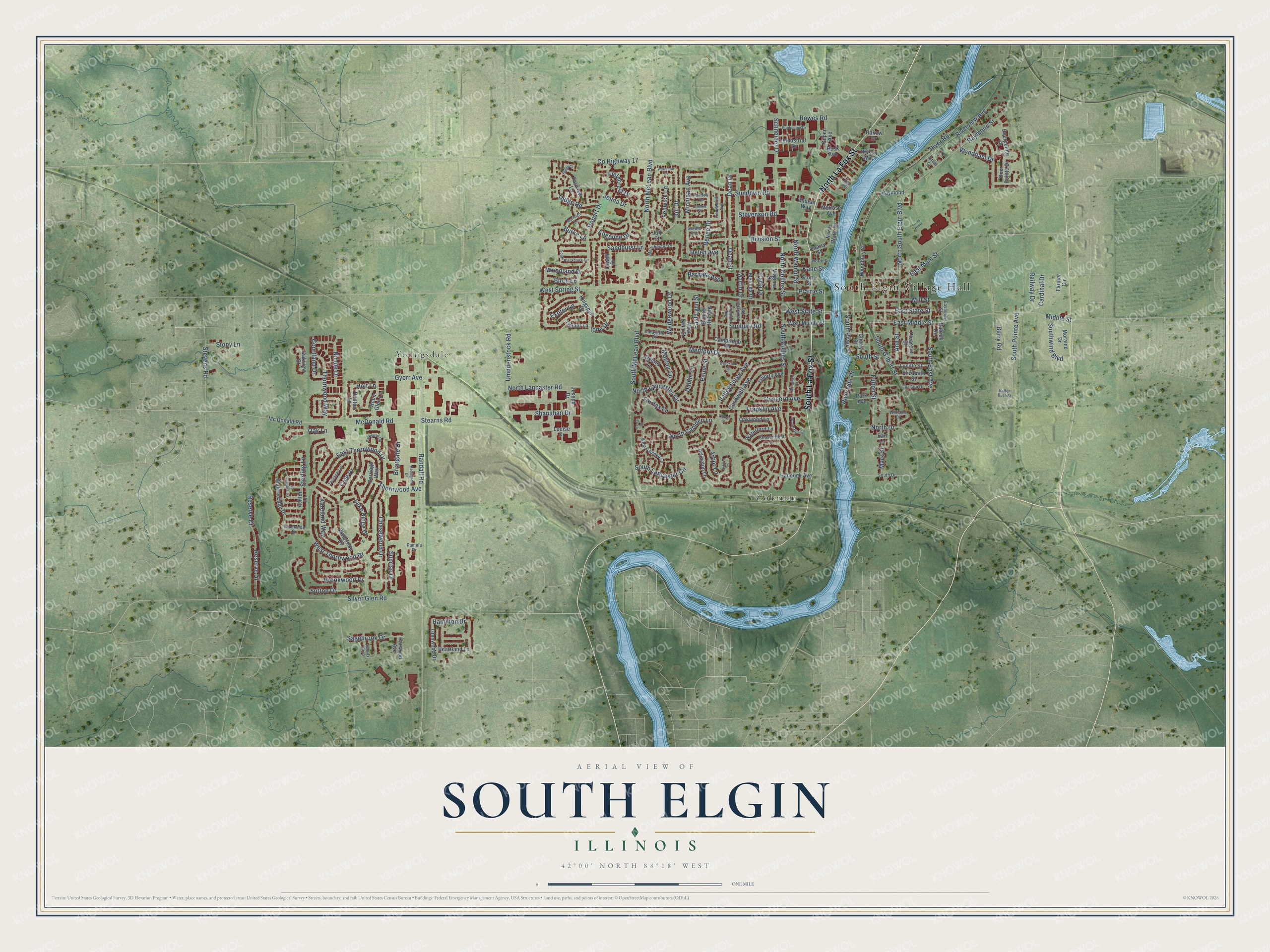 Full map of South Elgin, Illinois, with red buildings, printed street names and the land around them