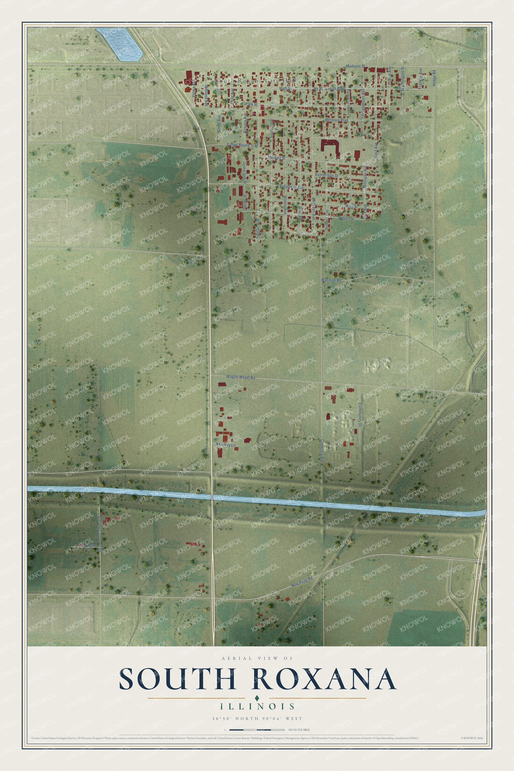 Full map of South Roxana, Illinois, with red buildings, printed street names and the land around them