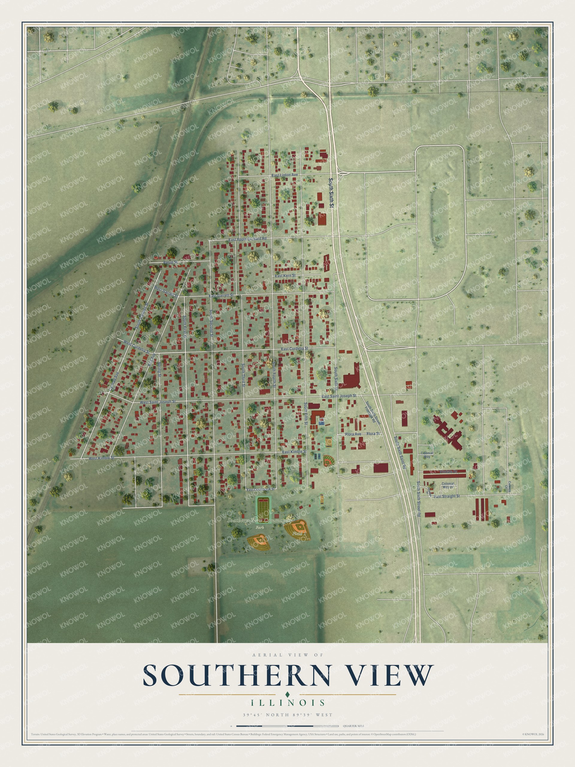 Full map of Southern View, Illinois, with red buildings, printed street names and the land around them