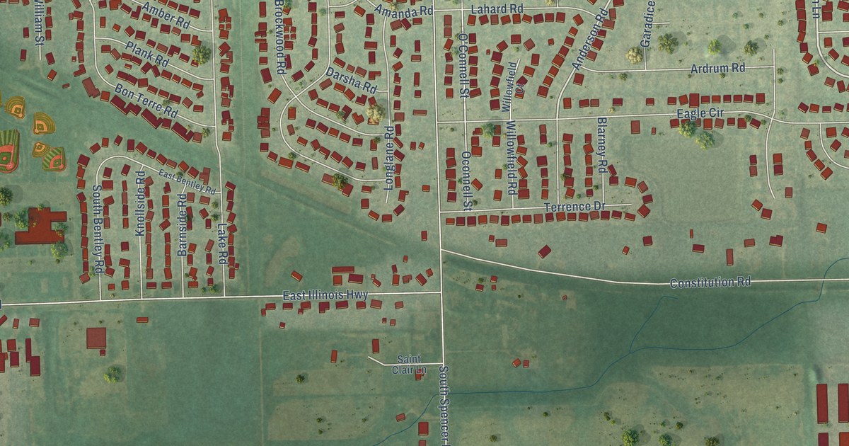 Close-up of streets and buildings in Spencer, Illinois