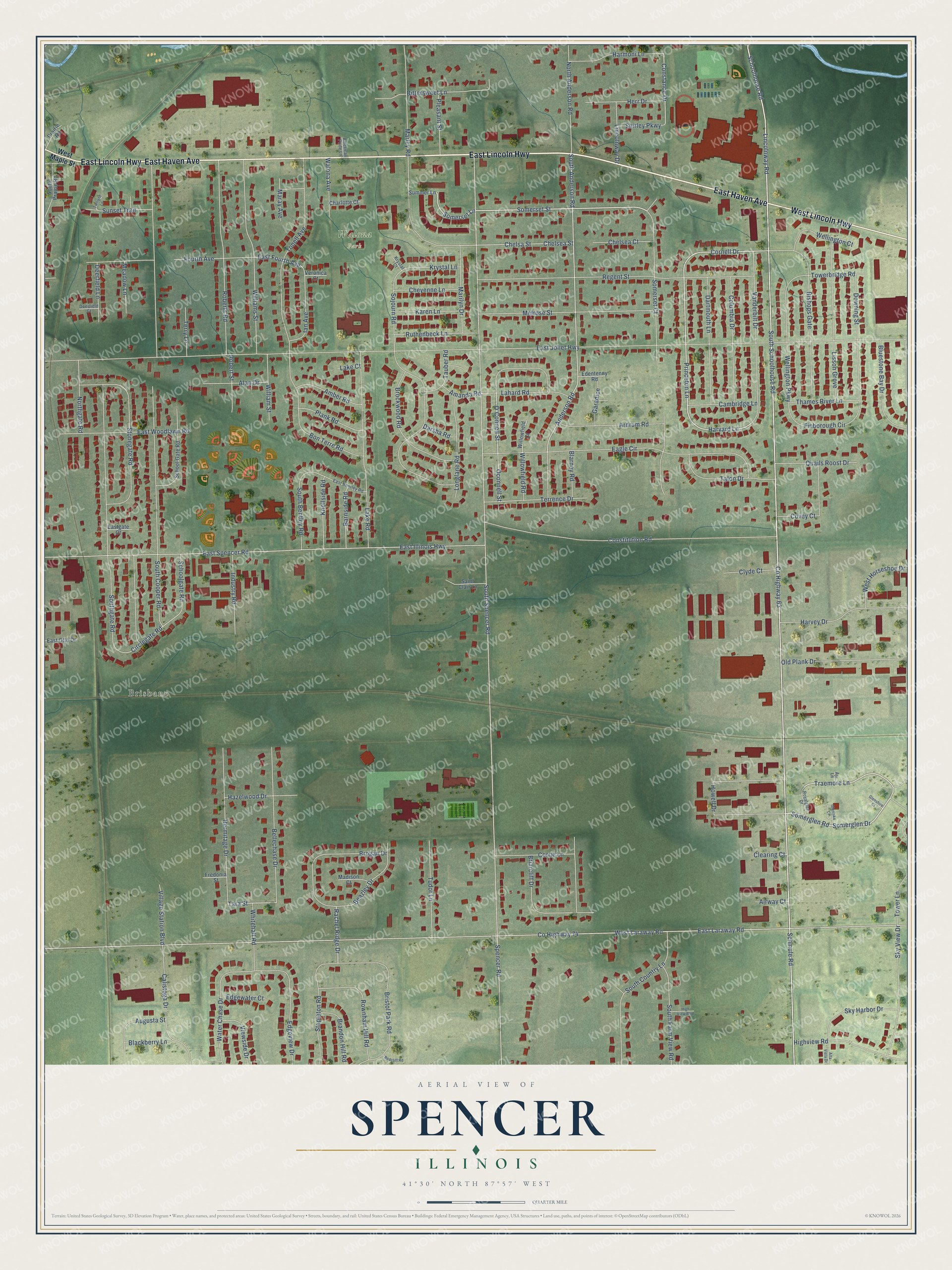 Full map of Spencer, Illinois, with red buildings, printed street names and the land around them