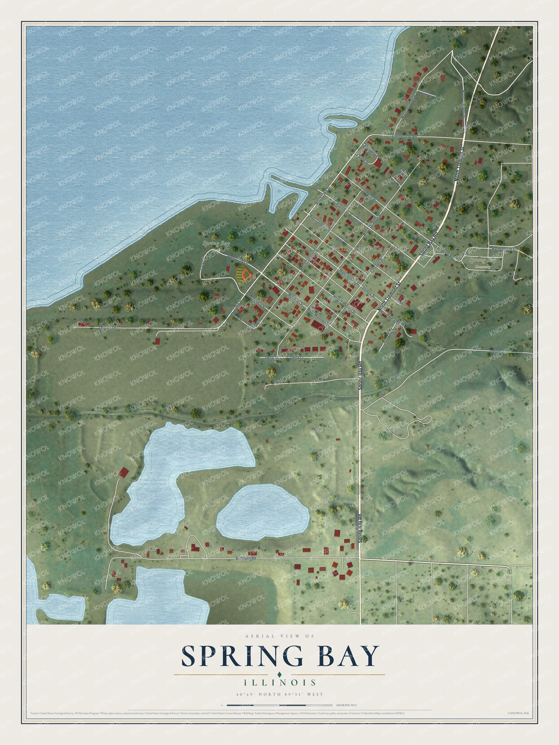 Full map of Spring Bay, Illinois, with red buildings, printed street names and the land around them