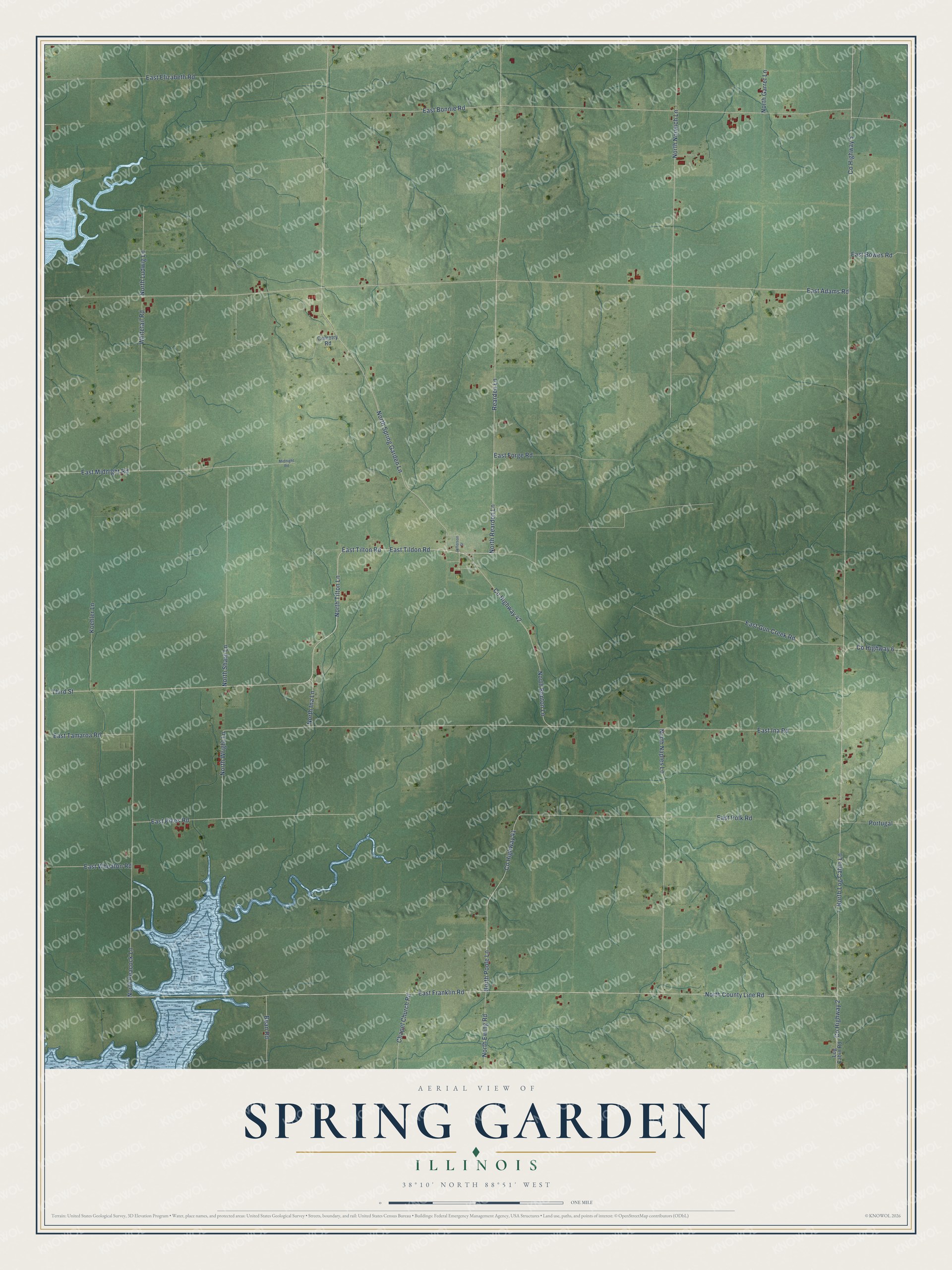 Full map of Spring Garden, Illinois, with red buildings, printed street names and the land around them