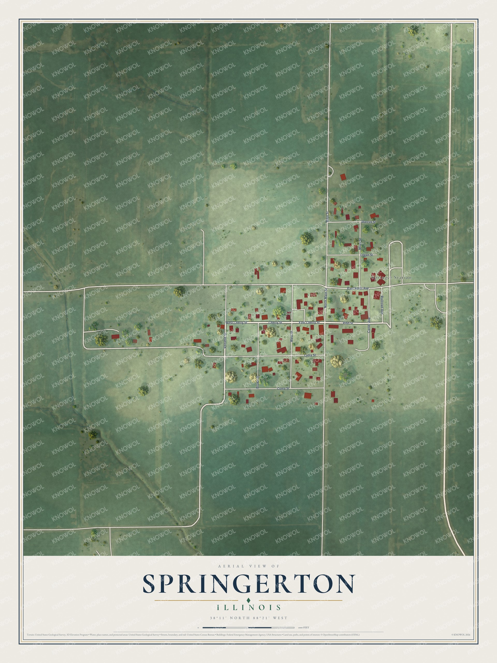Full map of Springerton, Illinois, with red buildings, printed street names and the land around them