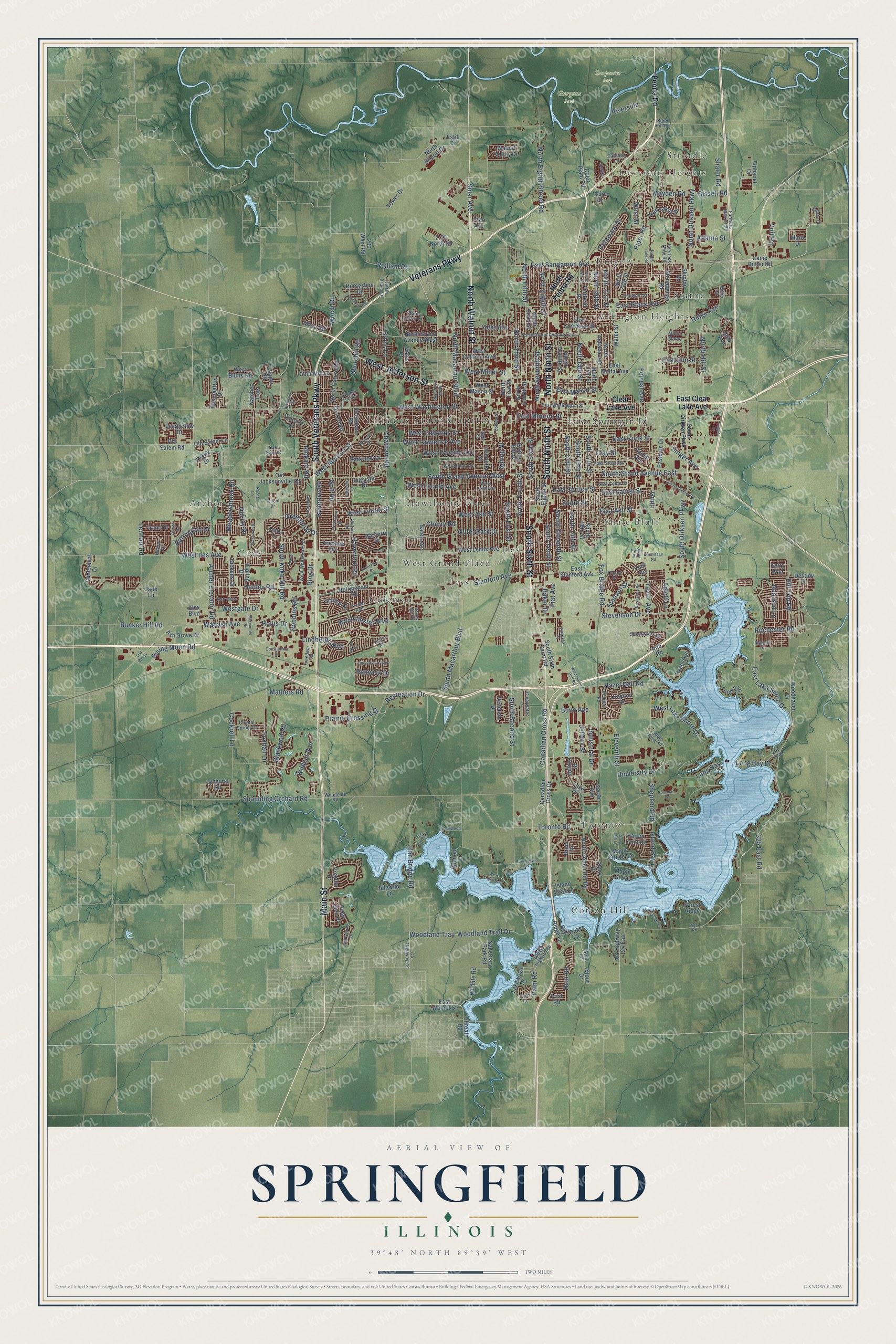 Full map of Springfield, Illinois, with red buildings, printed street names and the land around them