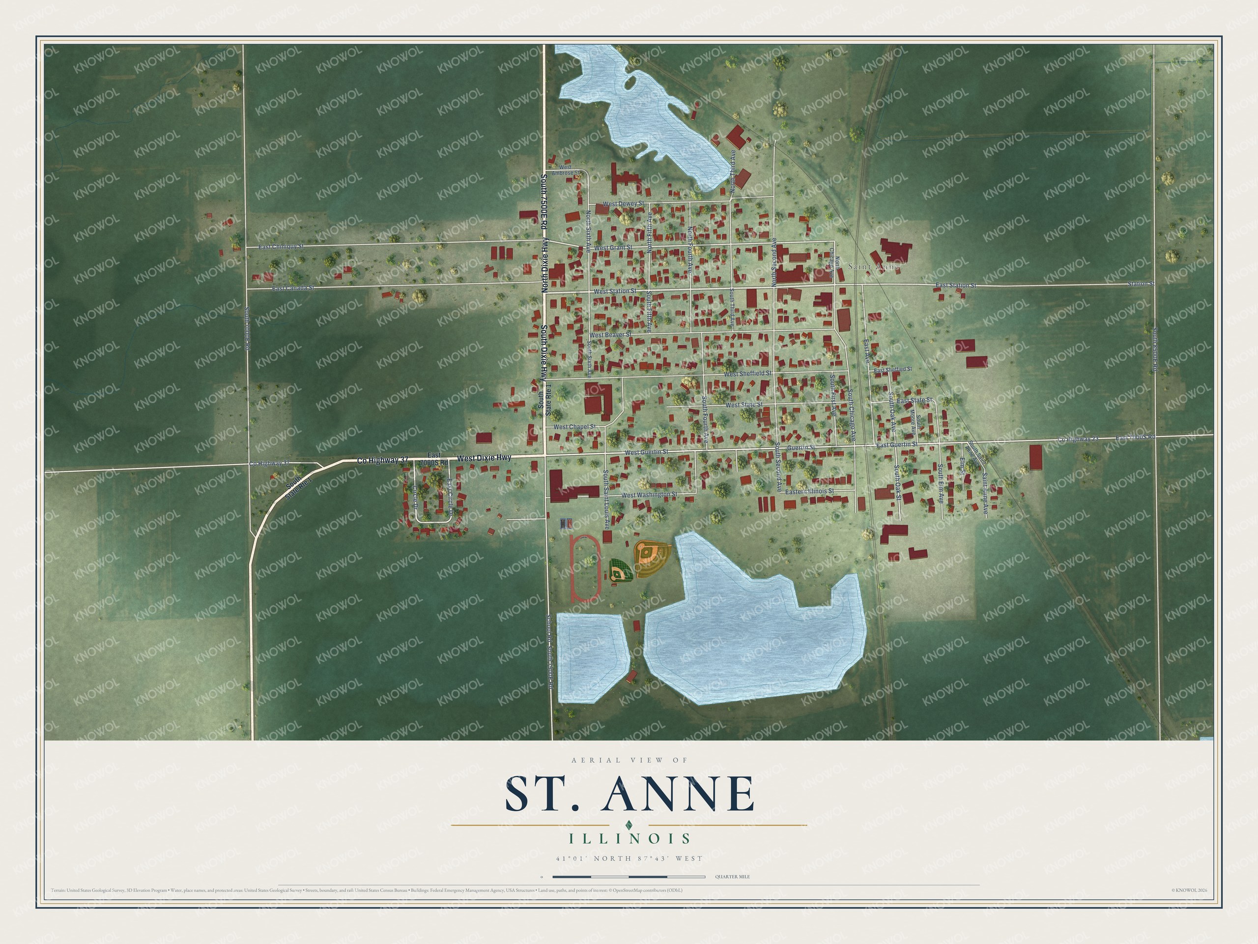 Full map of St. Anne, Illinois, with red buildings, printed street names and the land around them