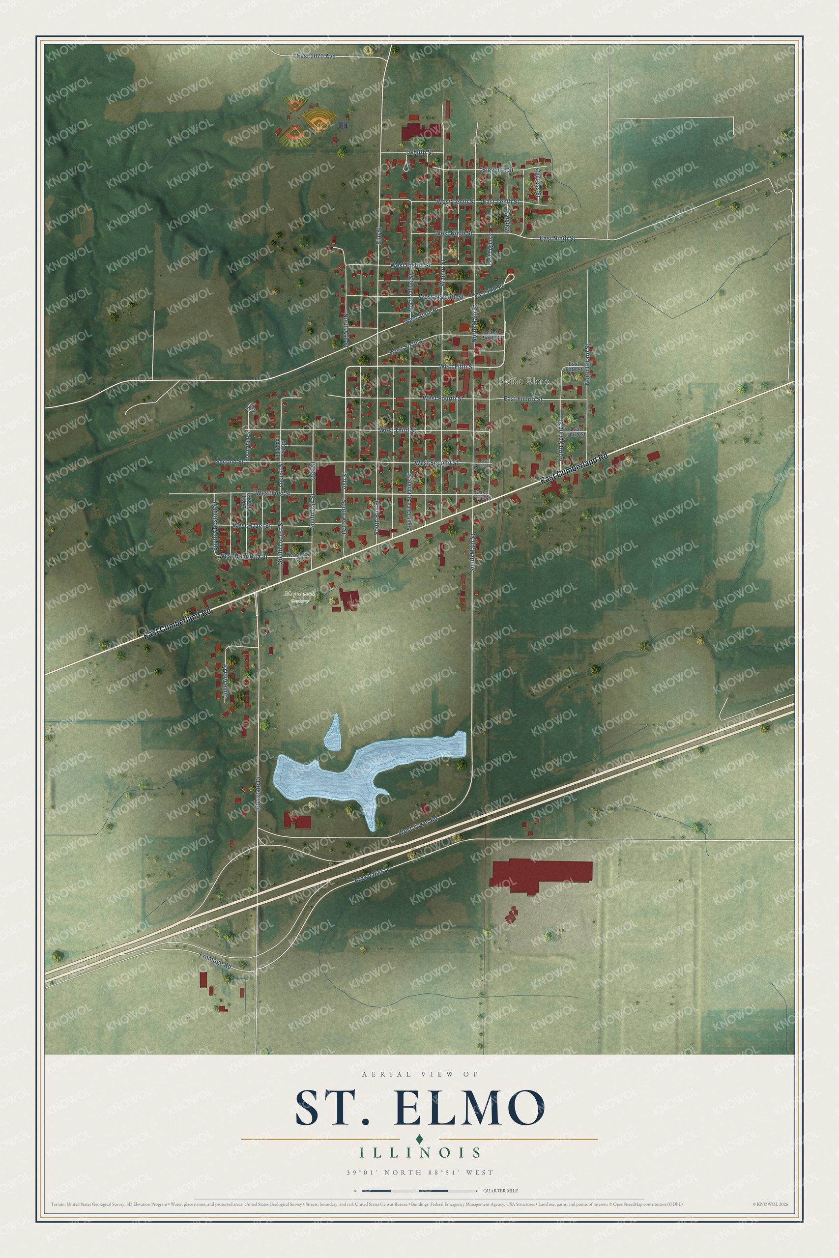 Full map of St. Elmo, Illinois, with red buildings, printed street names and the land around them
