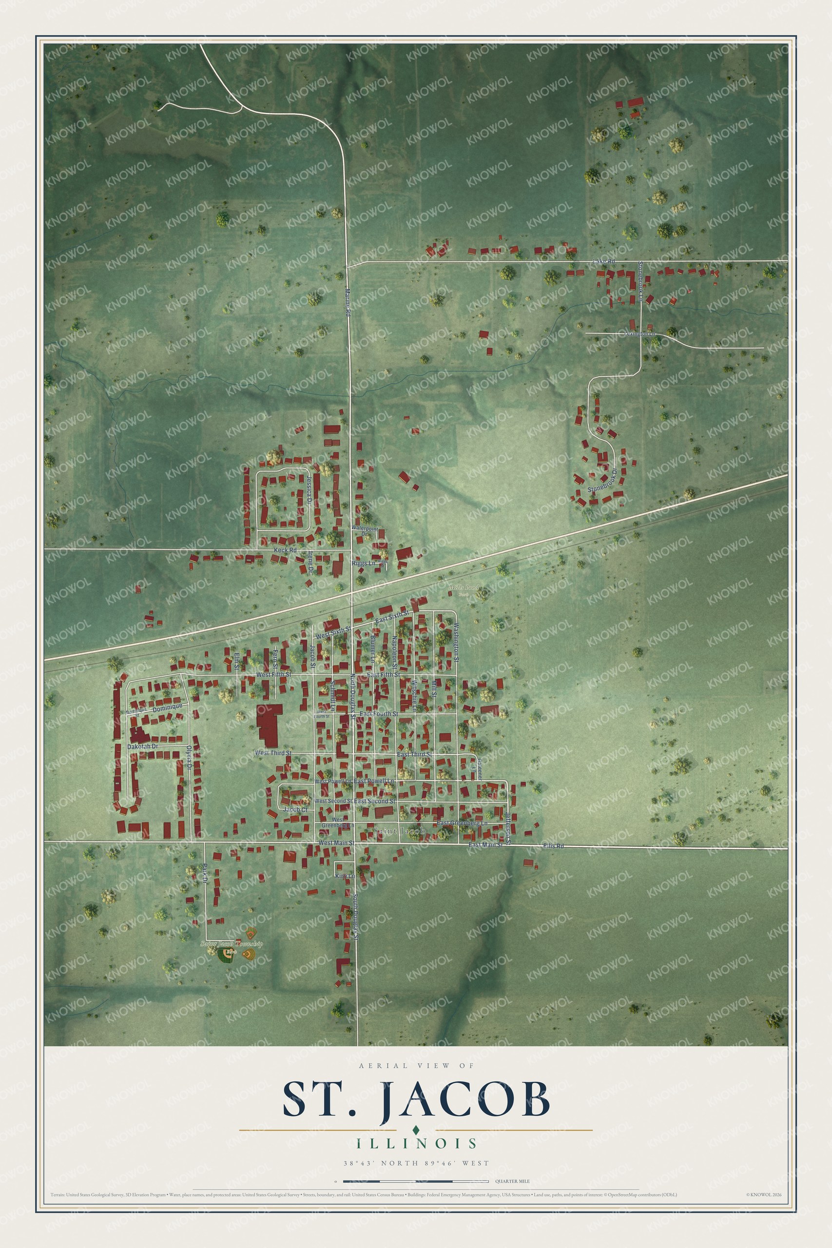 Full map of St. Jacob, Illinois, with red buildings, printed street names and the land around them