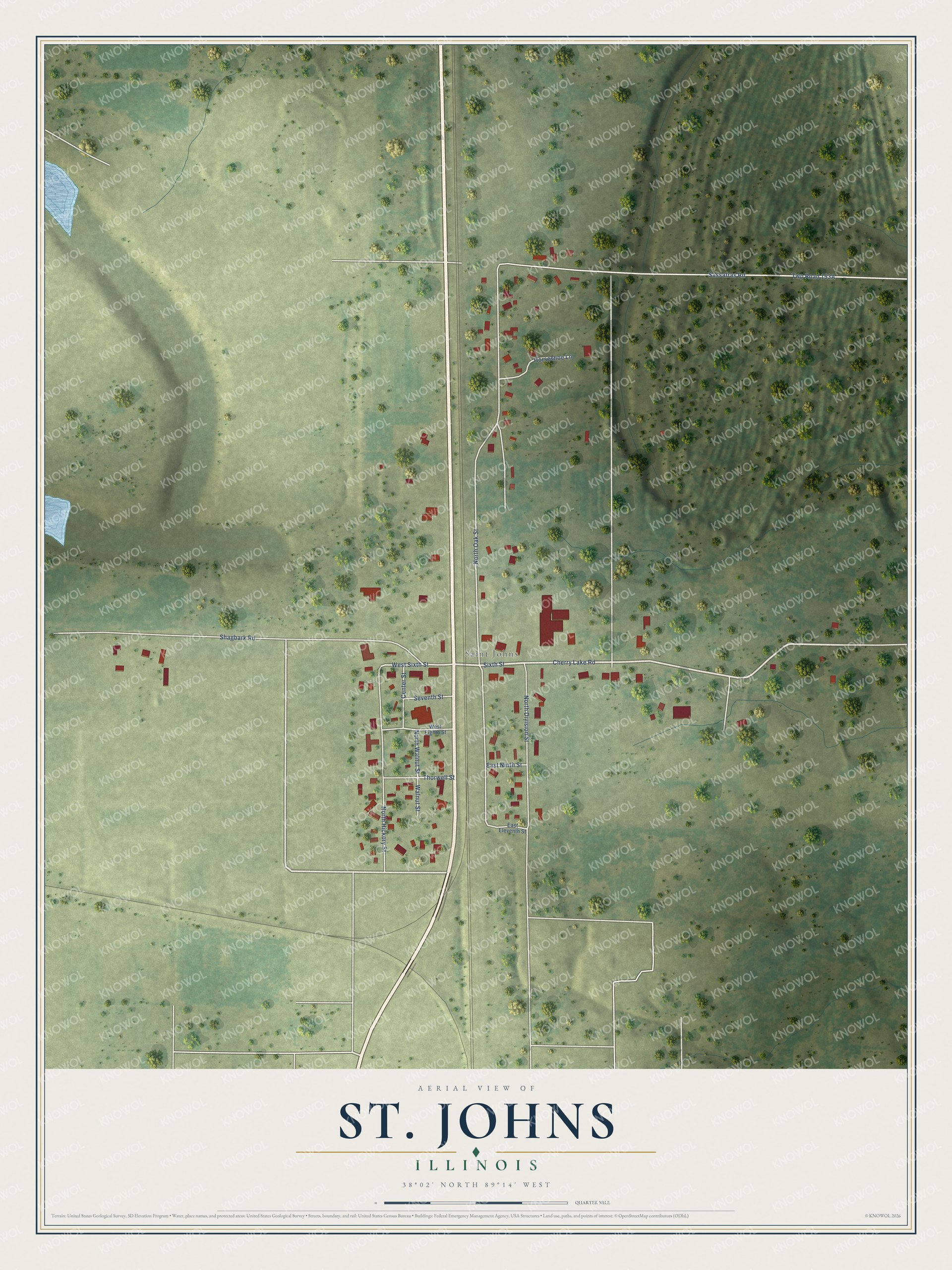 Full map of St. Johns, Illinois, with red buildings, printed street names and the land around them